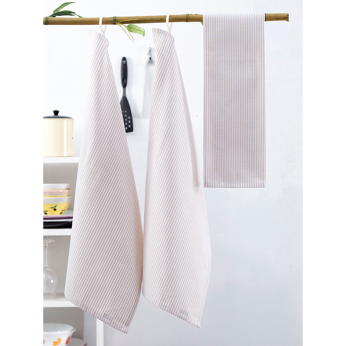 Buy Maspar Ticking Stripe Beige Woven Kitchen Towels Set of 3 Online