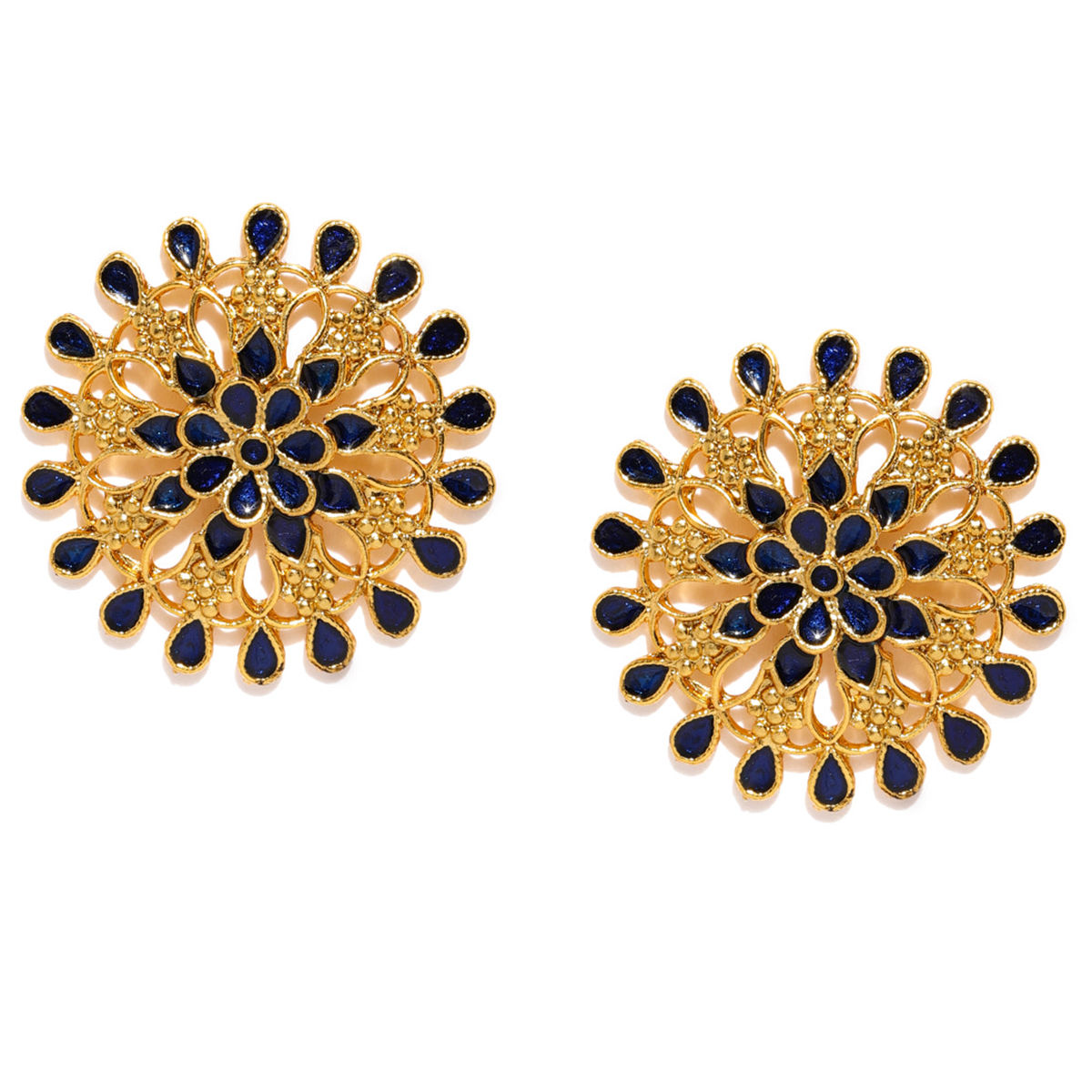 Buy Fida Gold And Navy Blue Stone Encrusted Oversized Circular Studs Online