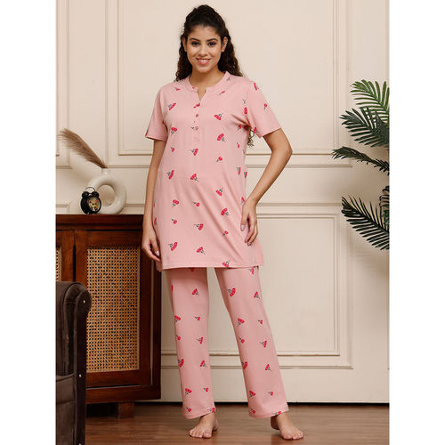 Buy Kanvin Pink Floral Printed Modal Top and Pyjama (Set of 2) Online