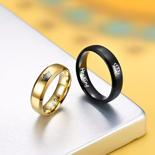 Yellow Chimes His Queen-Her King Crown Printed 16L Stainless Steel Ring Set  for Couples