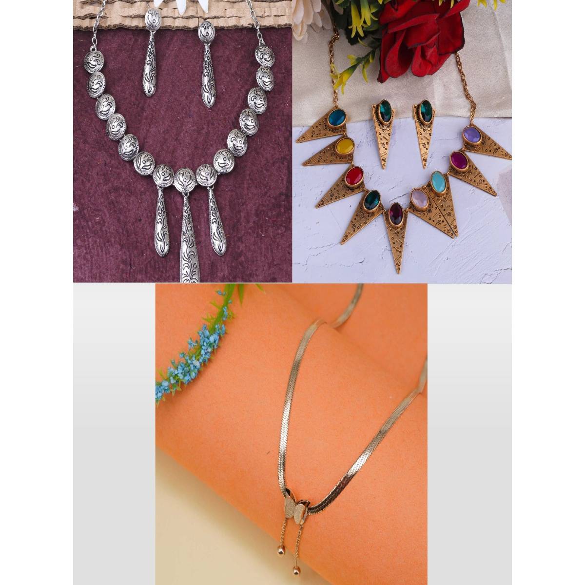 GRIIHAM Women Multi-Color 3 Necklaces with 2 Pair Of Earrings