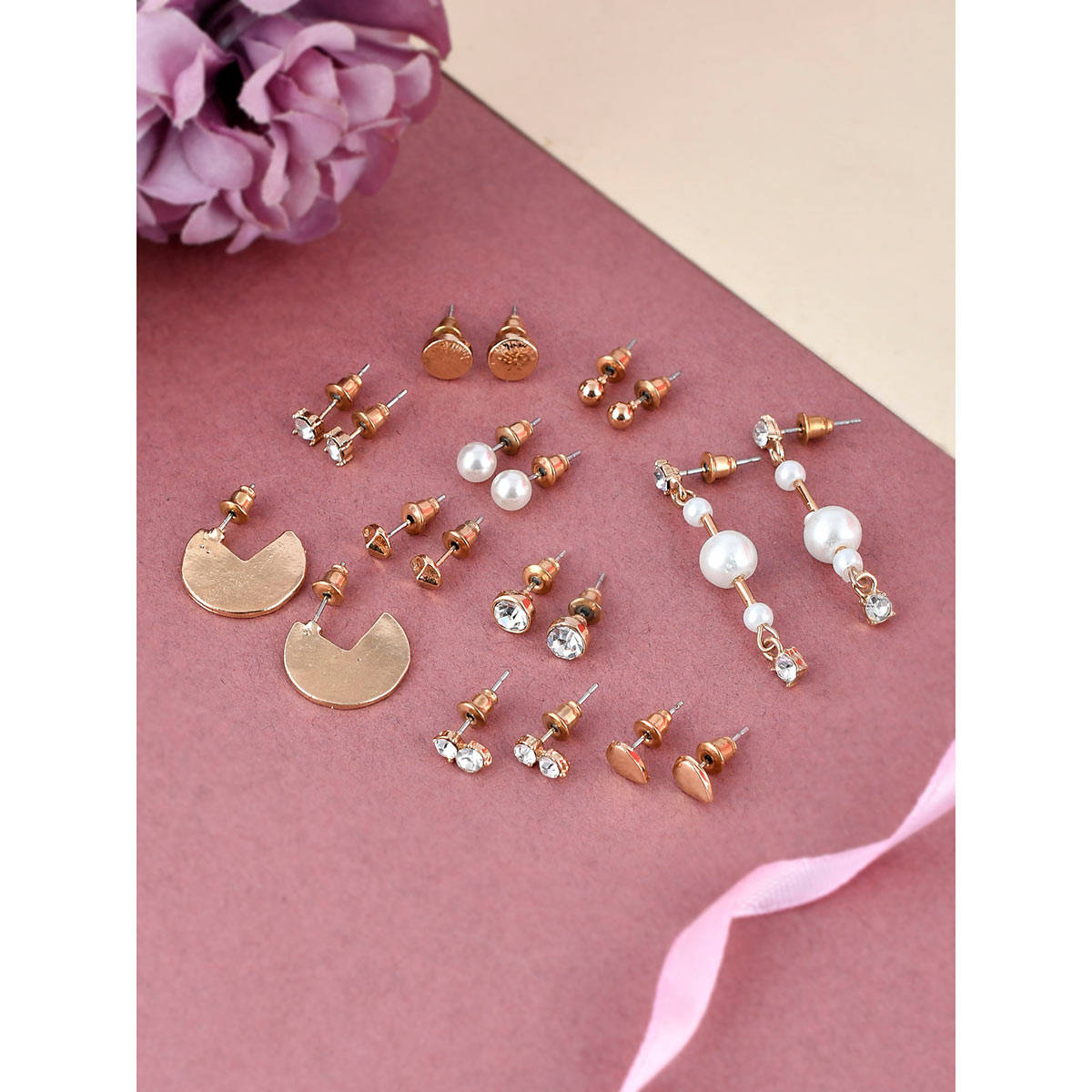 Shoshaa Set Of 10 Gold-Toned Pearl Stone Studded Drop Studs Earrings
