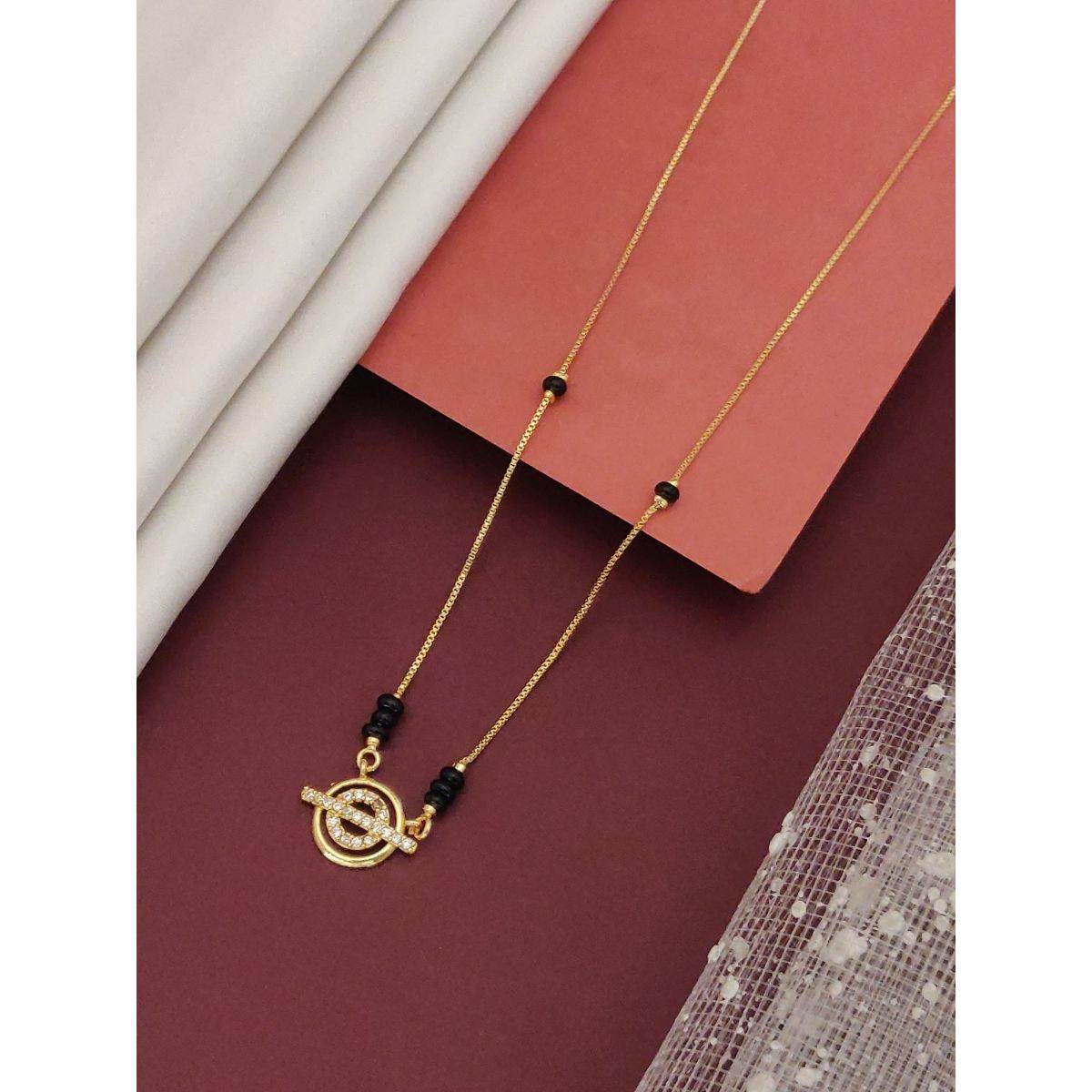 Abdesigns Gold Plated Diamond Black Bead Mangalsutra For Women White