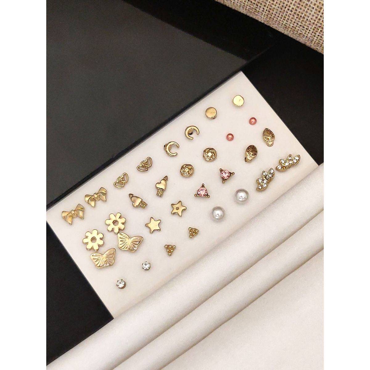 Abdesigns Set Of 16 Gold-Plated Contemporary Studs Earrings Multi-Color