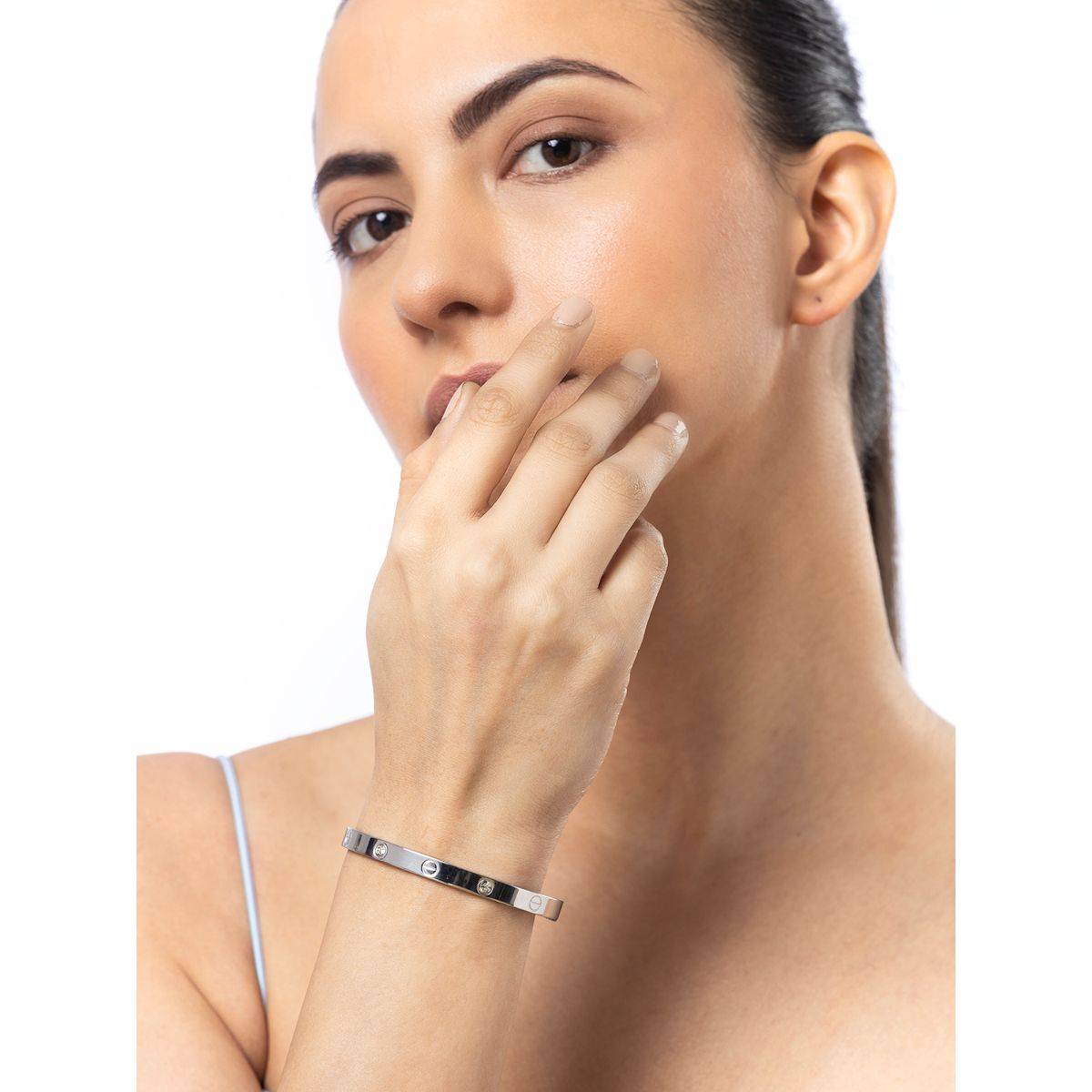 Sukkhi Stainless Steel Openable Oval Kada Bracelet for Women Silver