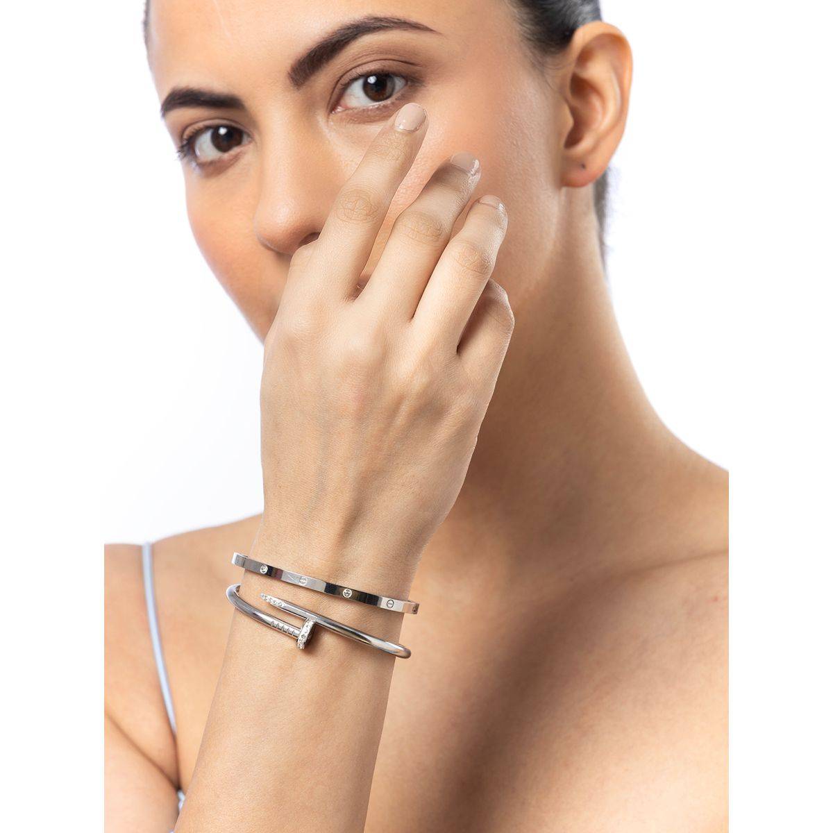 Sukkhi Stainless Steel Openable Kada Bracelet Combo for Women Silver
