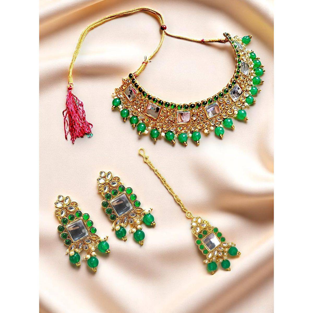 Accessher Gold Plated Green Pearl Choker Necklace Set for Women