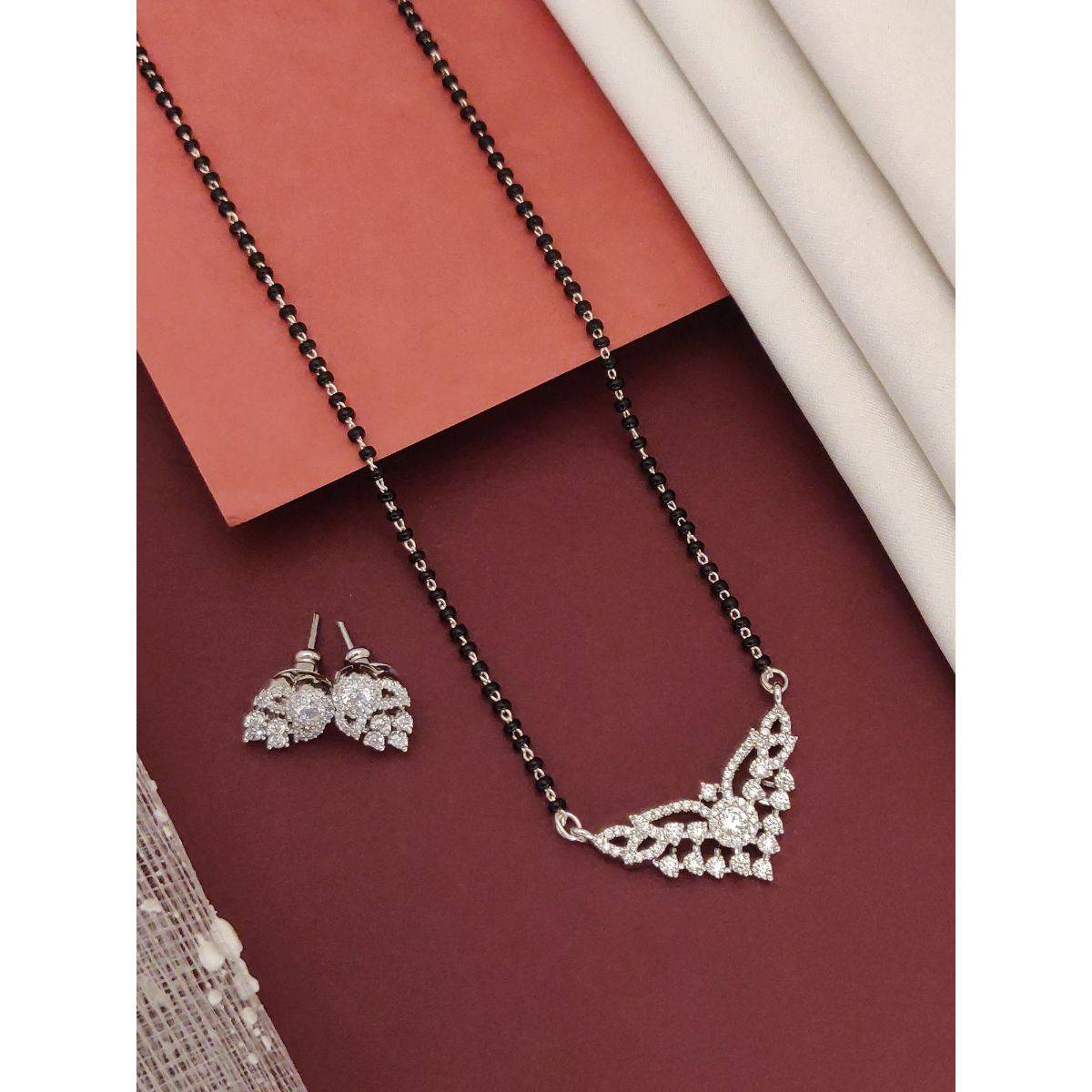 Abdesigns Silver Plated American Diamond Studded And Beaded Mangalsutra With Earrings White
