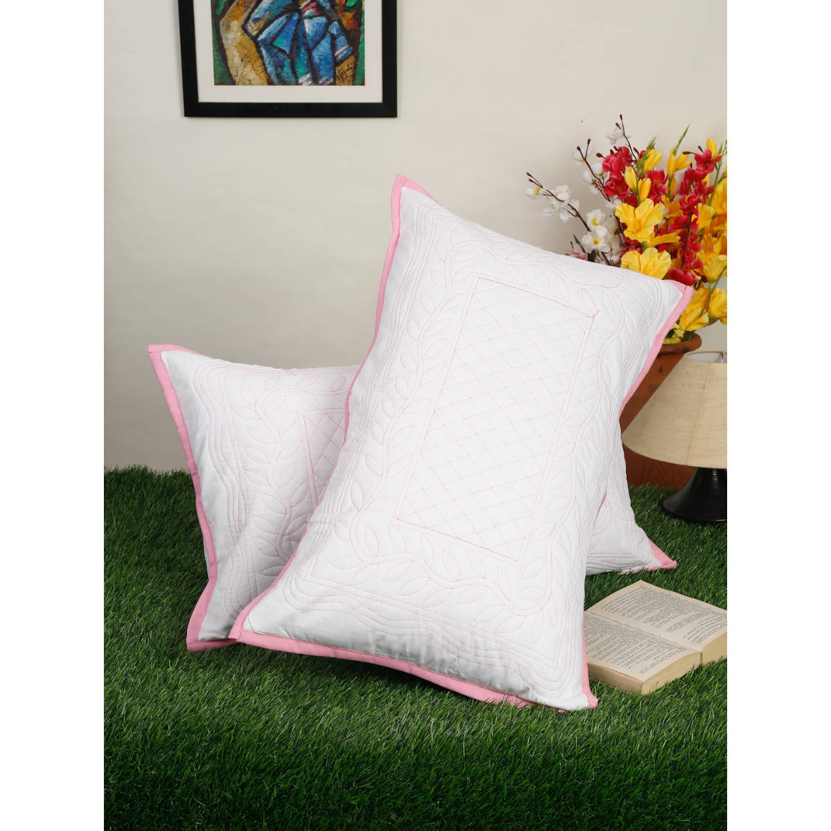 HOSTA HOMES White Floral Pure Cotton Pillow Covers (Pack of 2)
