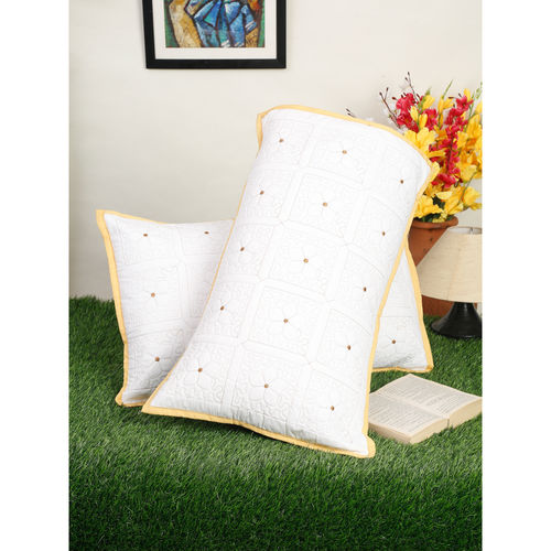 HOSTA HOMES White Floral Pure Cotton Pillow Covers (Pack of 2)