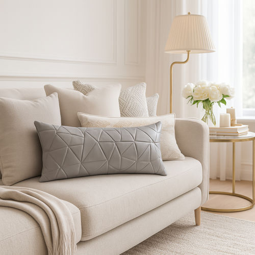 Buy THROW PILLOW Grey Faux Leather Geometric Pleated Square