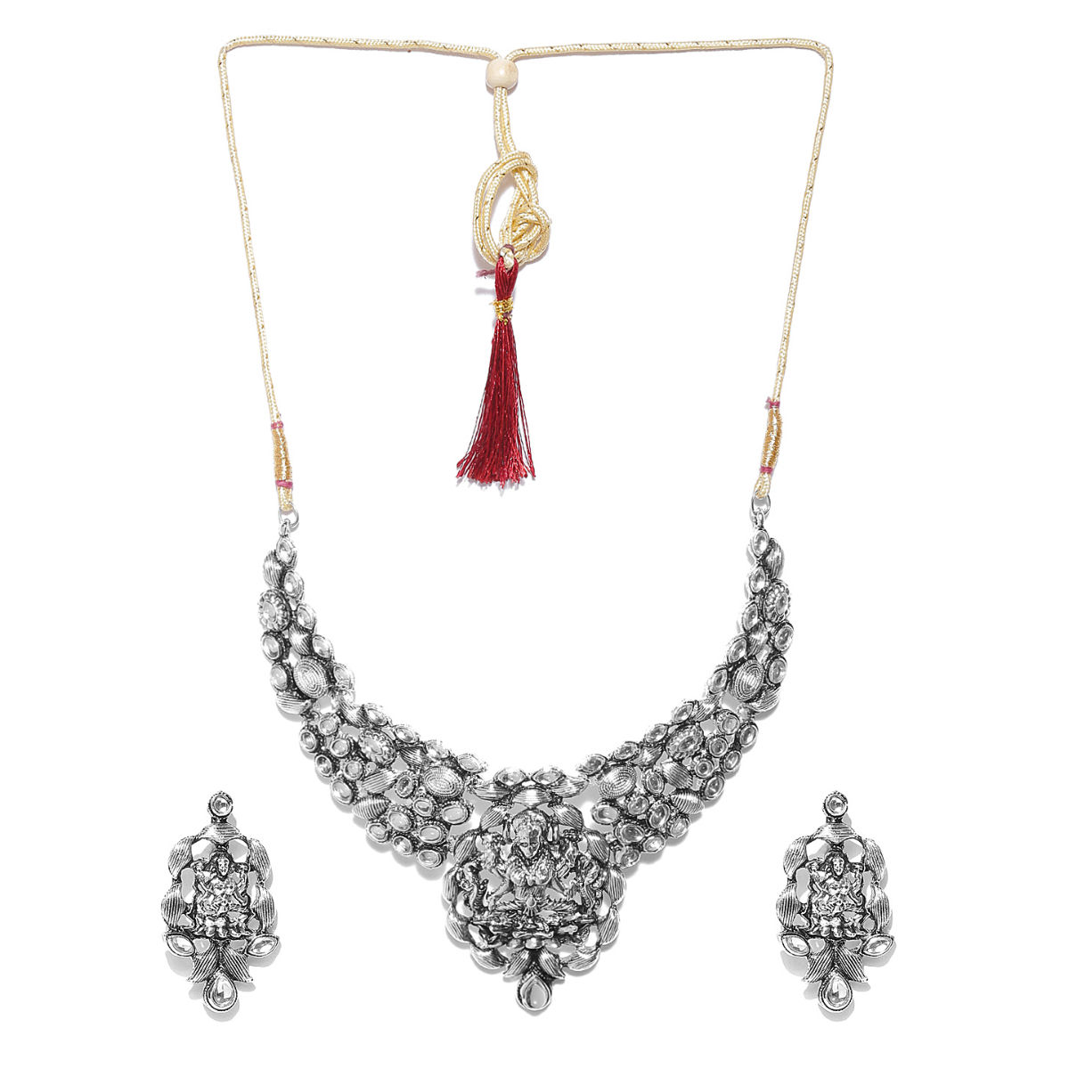 Zaveri Pearls Antique Silver Tone Goddess Temple Necklace And Earring Set