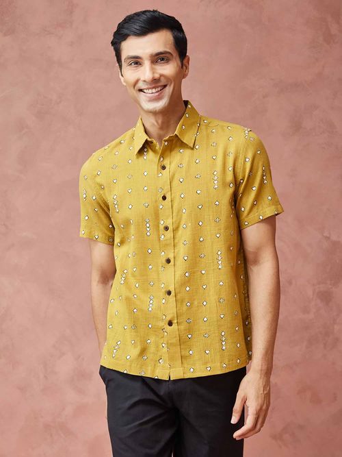 Buy Fabindia Mustard Cotton Printed Regular Fit Shirt Online