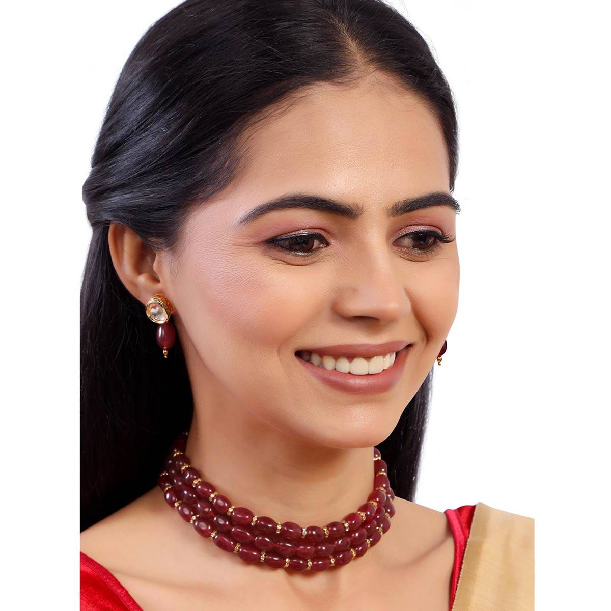 Accessher Jewellery Set Statement Beads Choker Necklace and Minimal Kundan Earrings