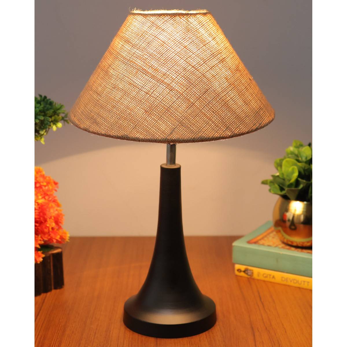 Homesake Black Metal Table Lamp with Fabric Shade - B22 Holder - Cone - Jute Cone