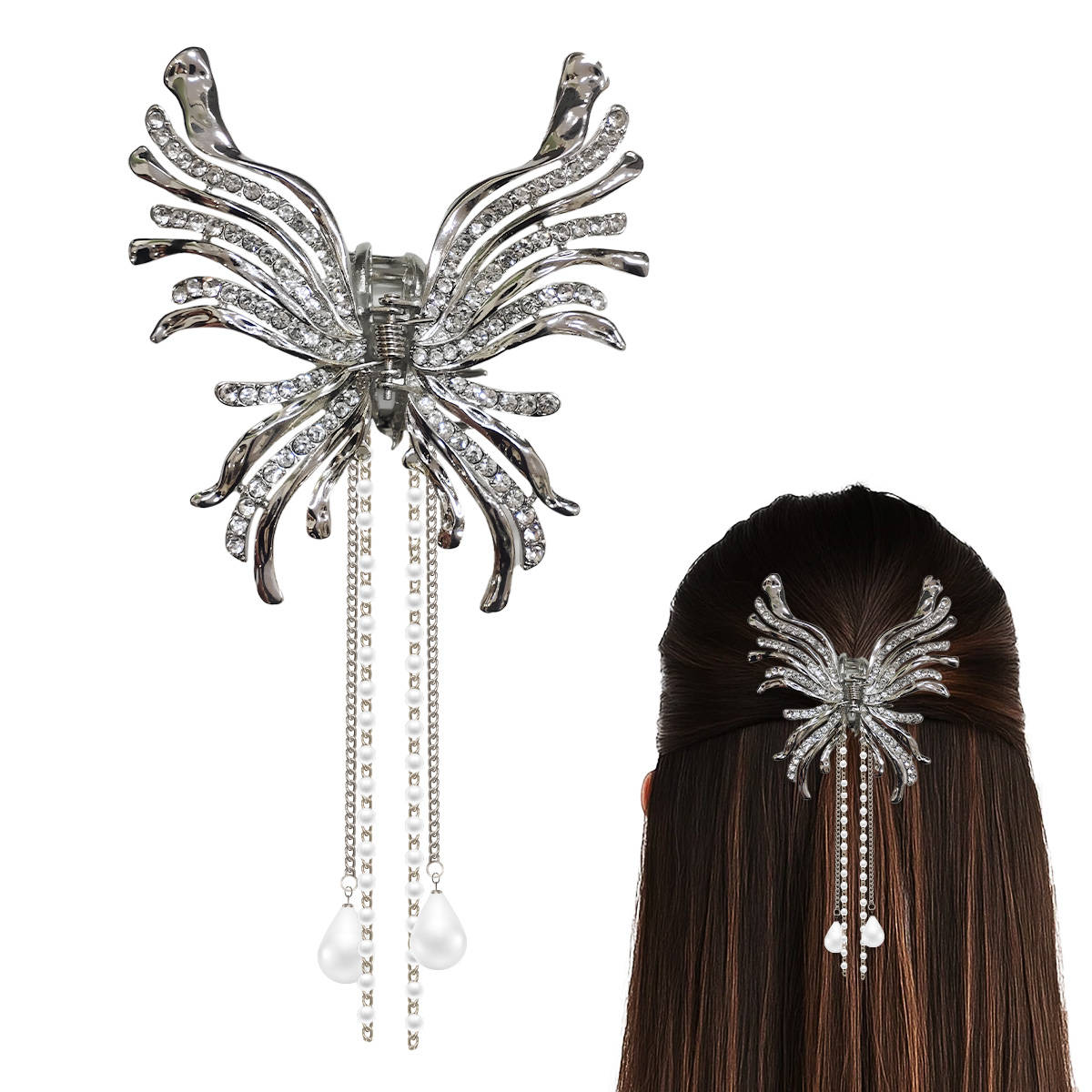 Matra Embellished Butterfly Wings Silver Hair Claw Clip Rhinestone Tassel Pearl Studded Clutcher