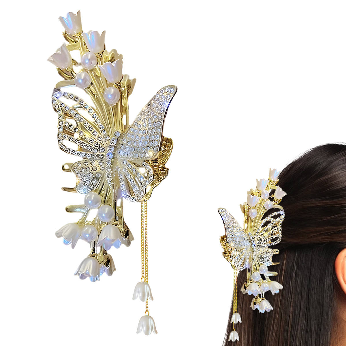 Matra Embellished Butterfly Flower Hair Claw Clip Rhinestone Tassel Pearl Studded Gold Clutcher