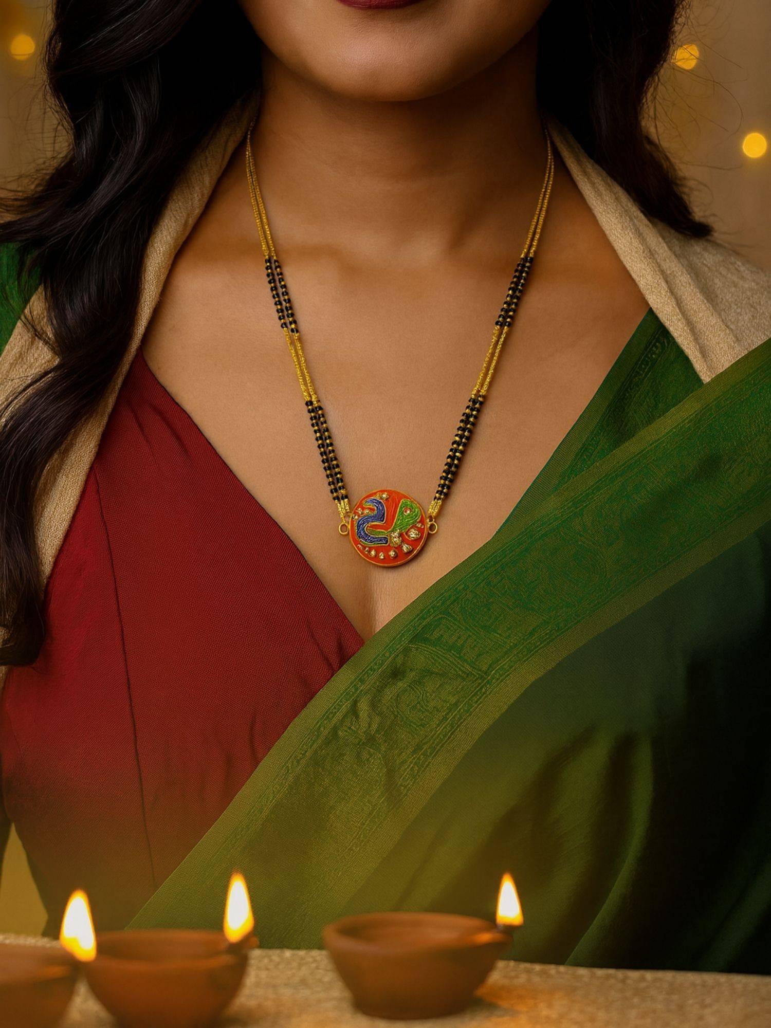 Digital Dress Room Gold Plated Short Mangalsutra Designs Enamel Peacock Pendant Black Beads Chain