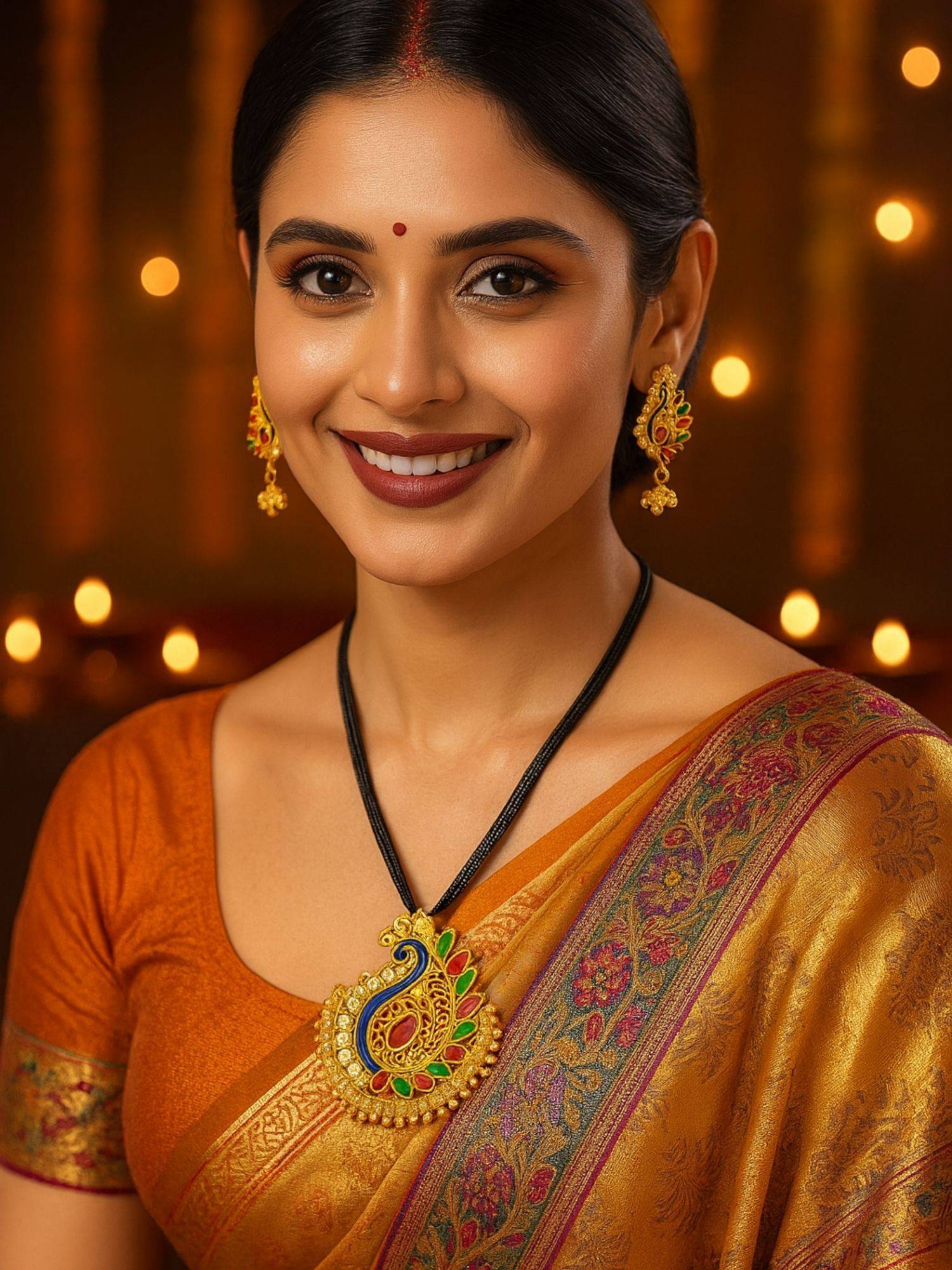 Digital Dress Room Gold Plated Long Mangalsutra Designs And Earrings Set Peacock With Pearl