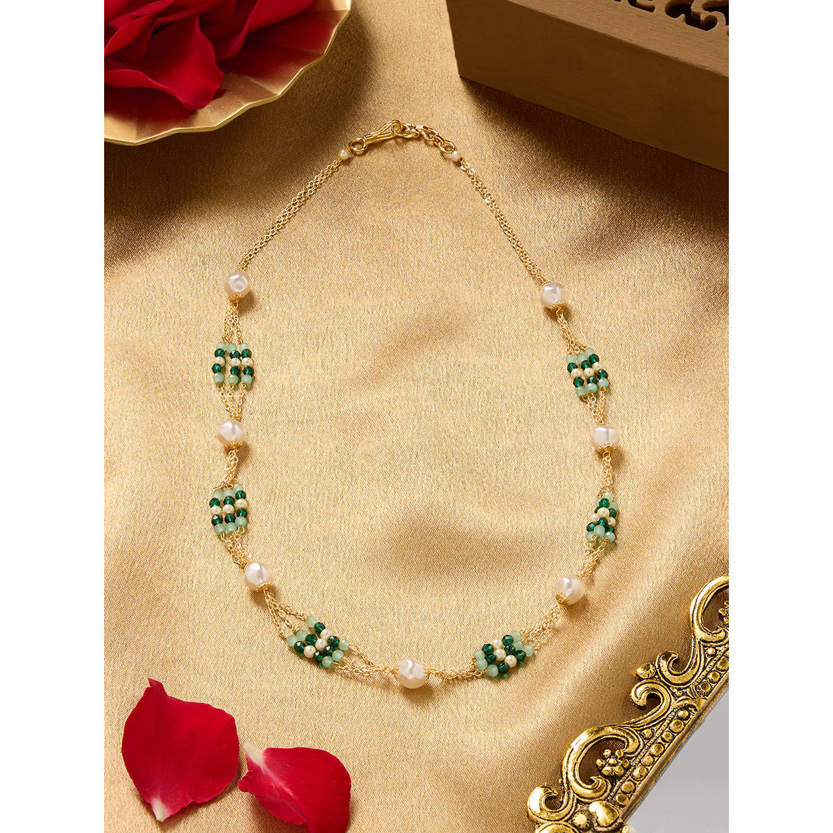 Zaveri Pearls Green Beads Embellished Multistrand Fusion Wear Necklace