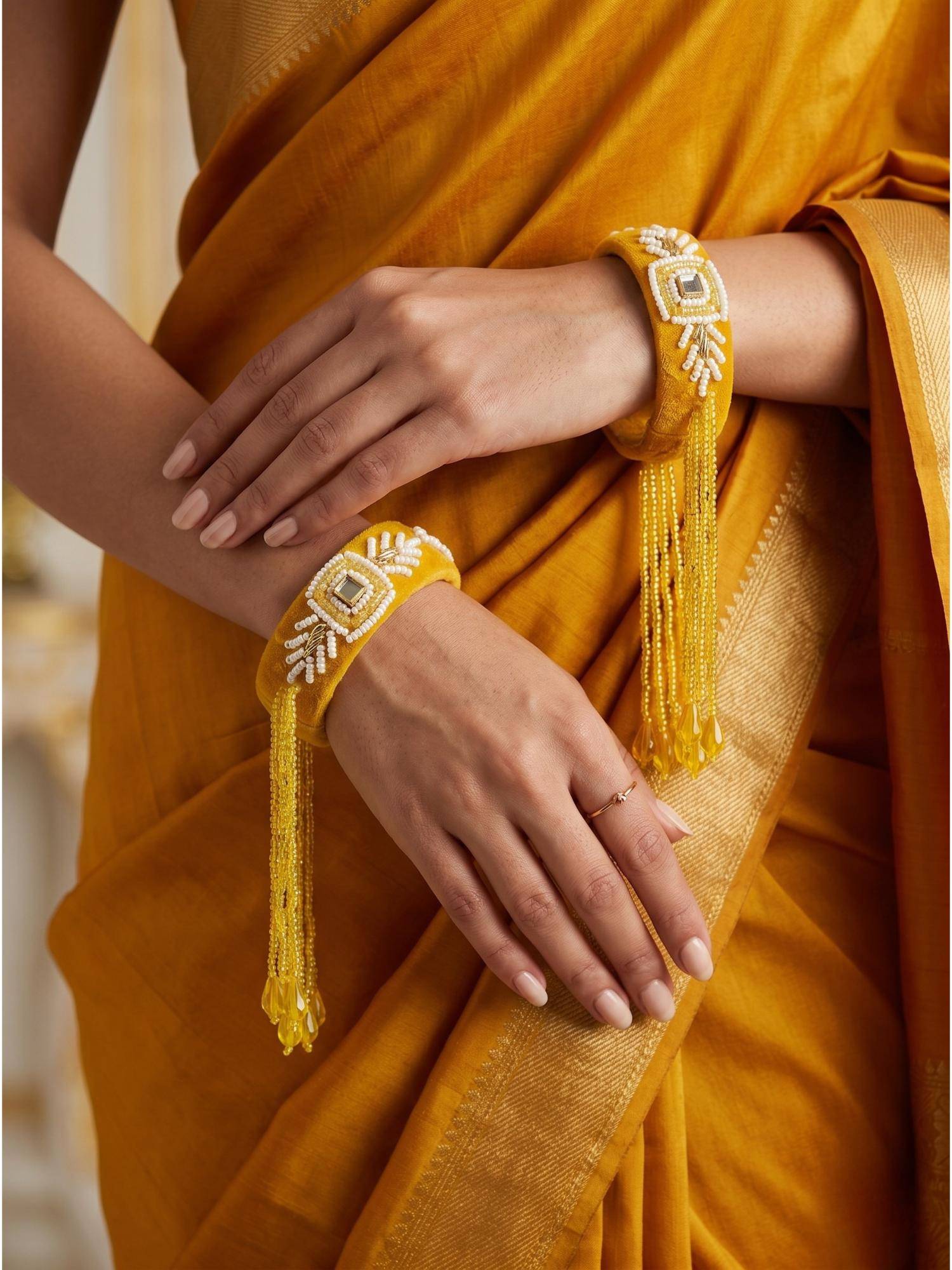 Adwitiya Womens Mustard Yellow Velvet and White Bead Work Tassel Kada Bangles (Pack of 2) (2.6)