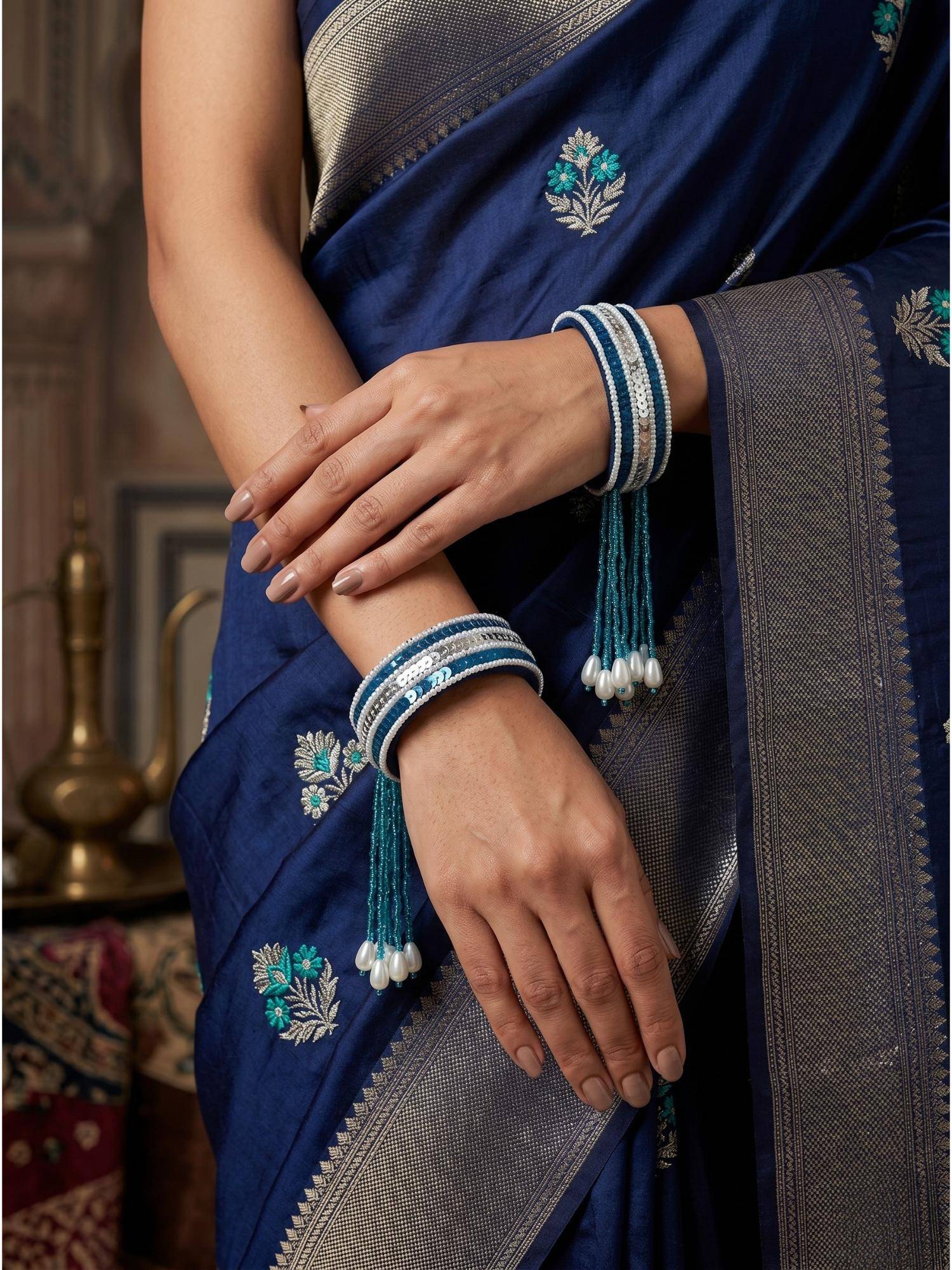 Adwitiya Womens Royal Blue Velvet Sequin and Pearl Tassel Kada Bangles (Pack of 2) (2.6)