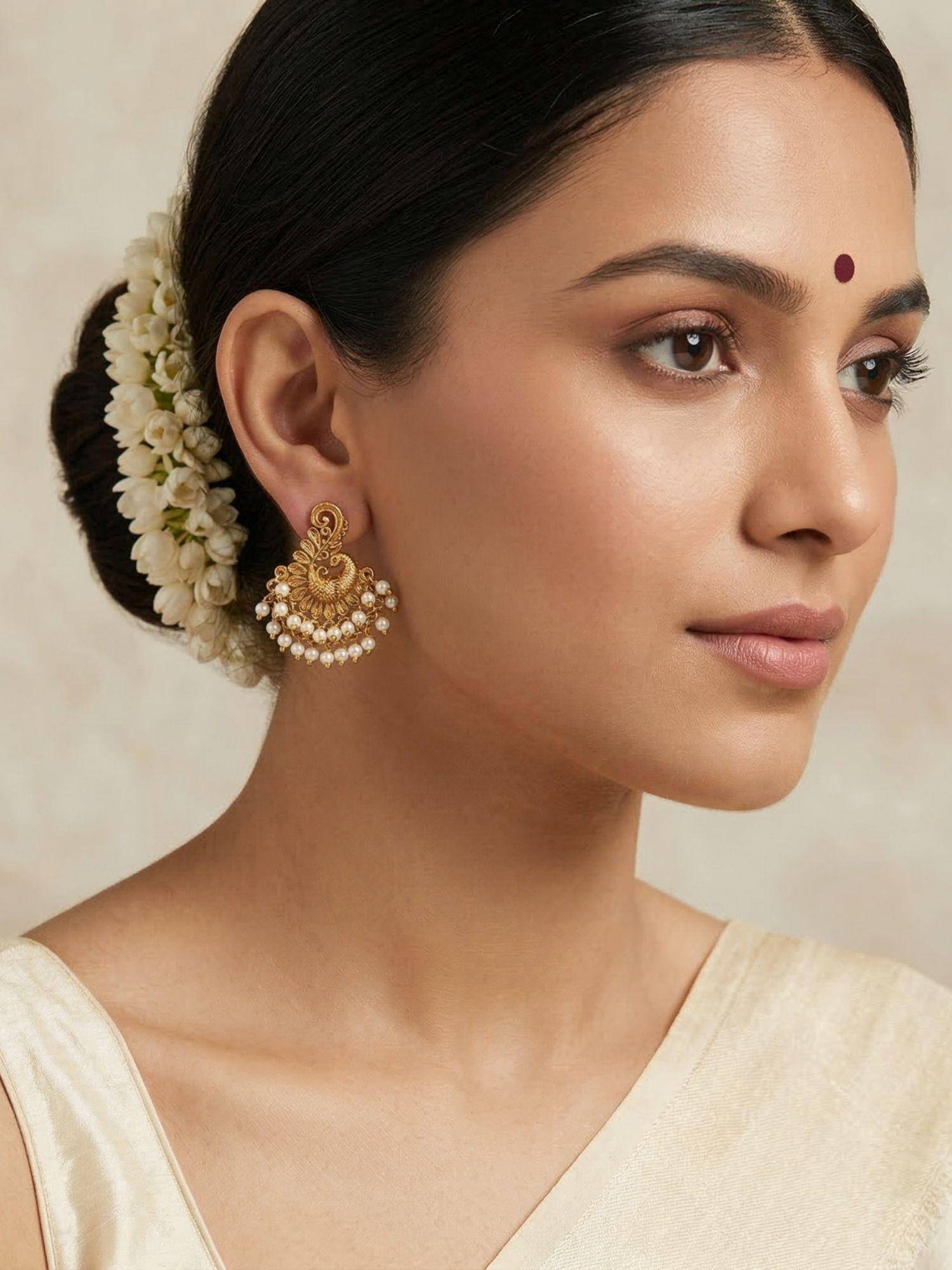 Niscka White Gold Plated Peacock Pearl Handcrafted Earrings