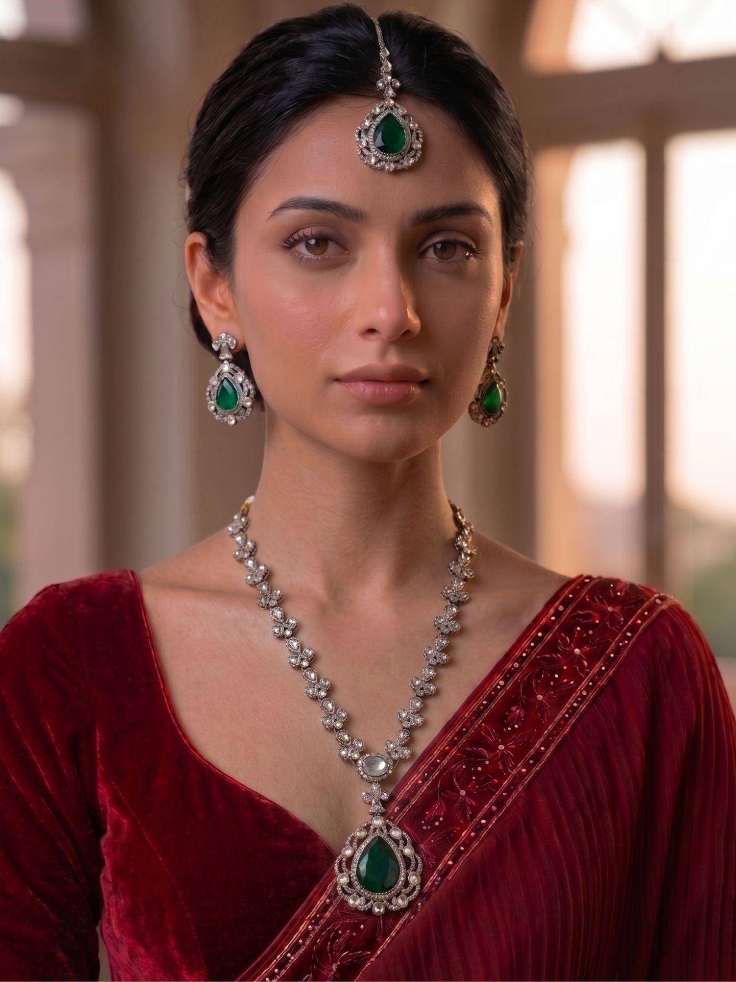 Niscka Gold Plated Floral Emerald CZ Necklace with Waterdrop Earrings & Maang Tikka