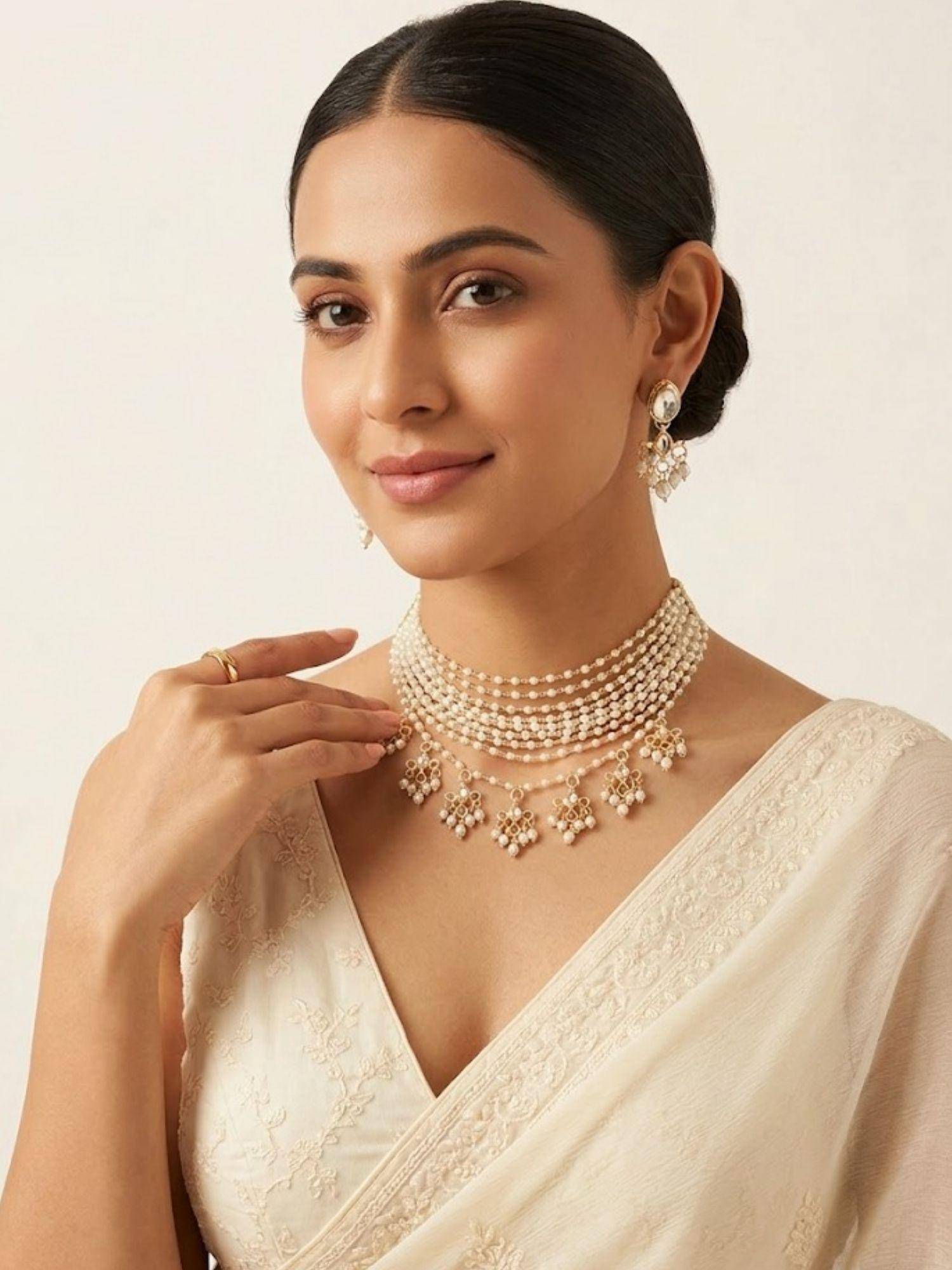 Niscka Matte Gold Multilayered Faux Pearl Multichain Necklace with Earrings
