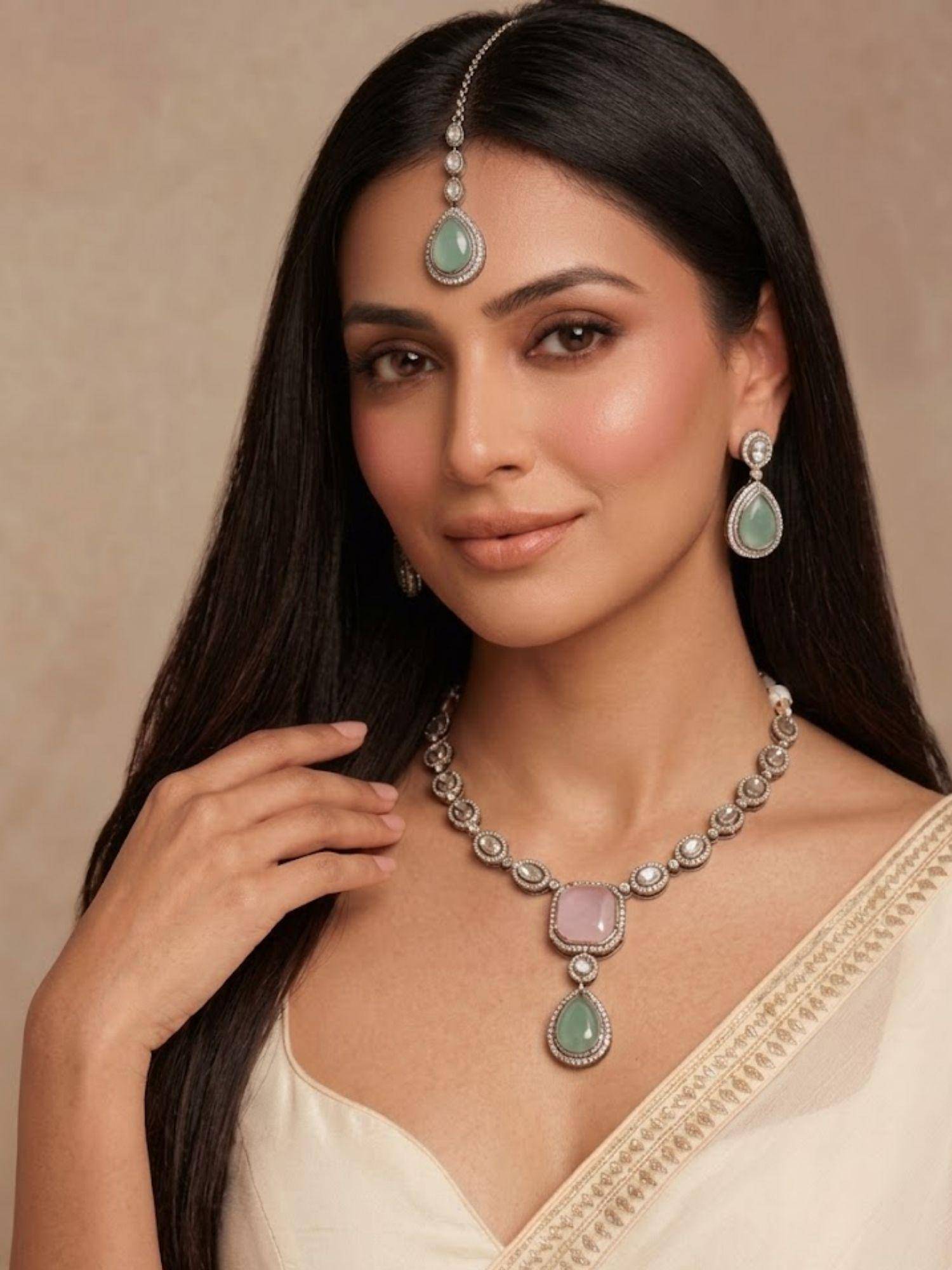 Niscka Gold Plated Pink and Cyan Kundan CZ Necklace with Earrings