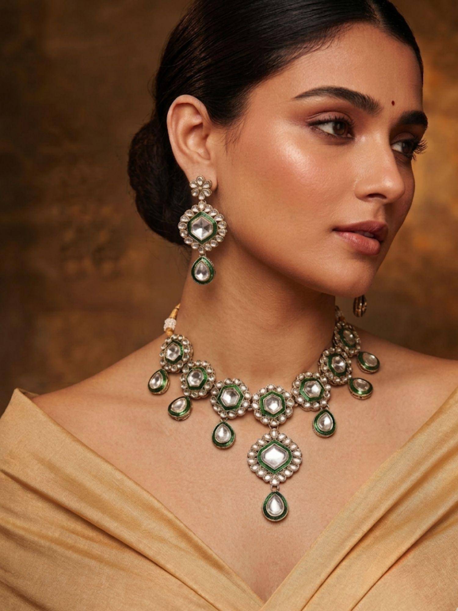 Niscka Gold Plated Floral Kundan CZ Meenakari Necklace with Earrings