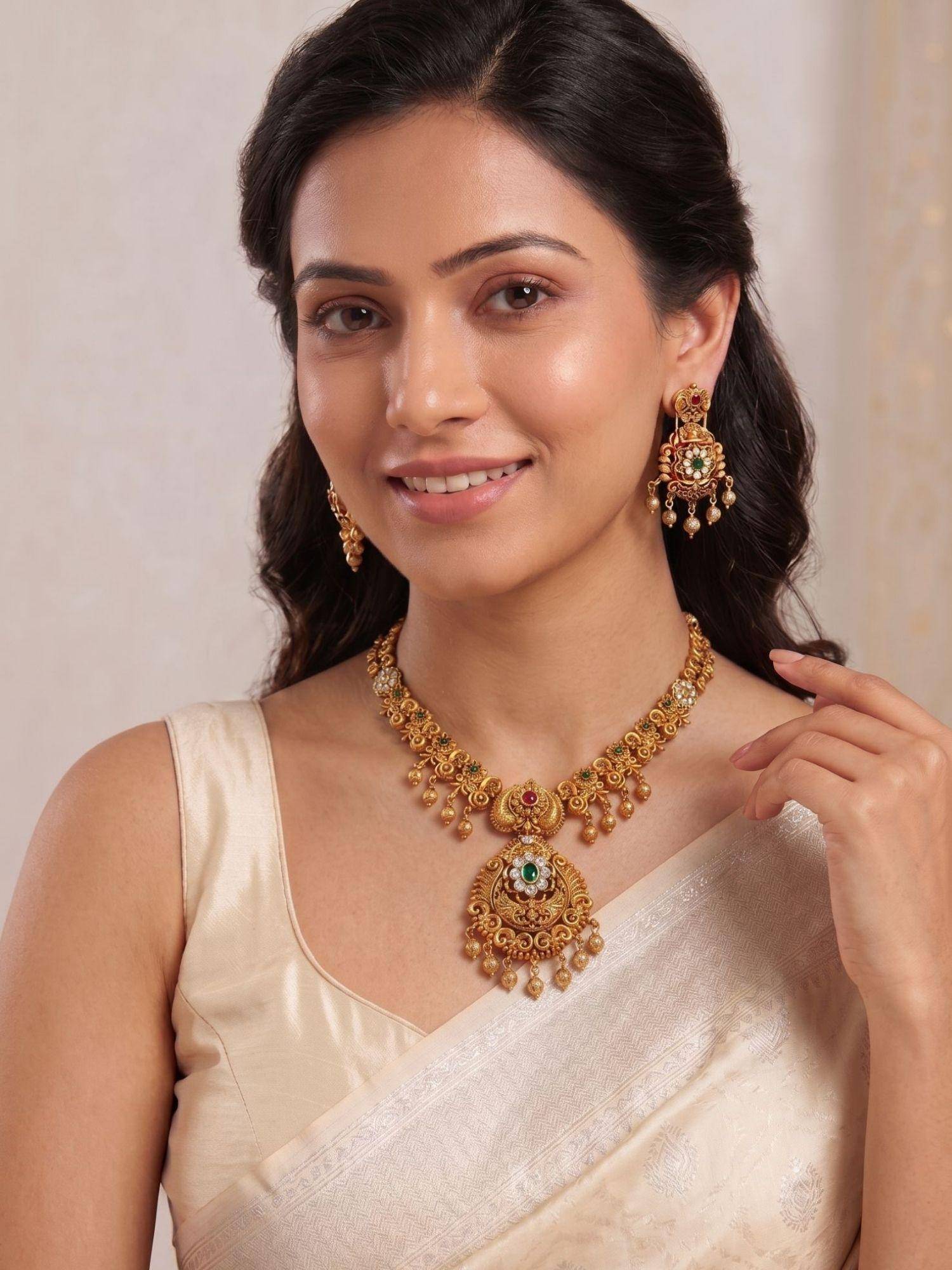 Niscka Antique Gold Plated Traditional CZ Necklace with Earrings
