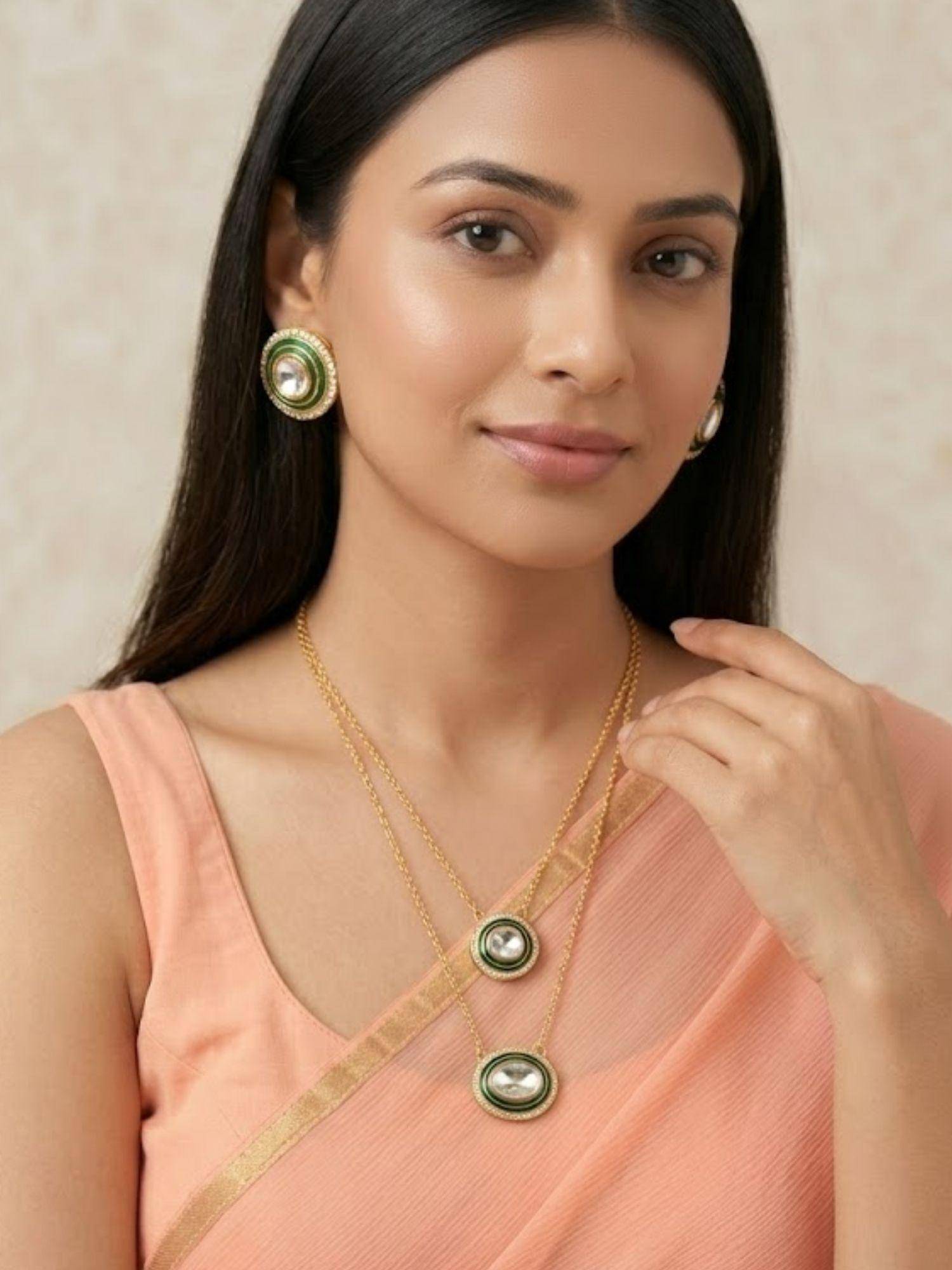 Niscka 24K Gold Plated Double Layered Kundan Necklace with Earrings