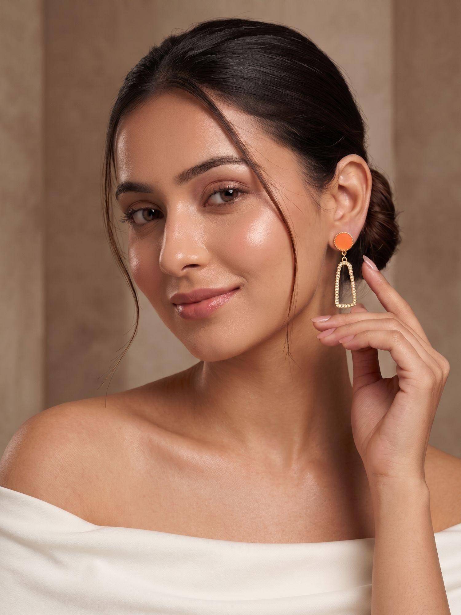 Niscka Gold Plated Orange Stone CZ Dangler Earrings