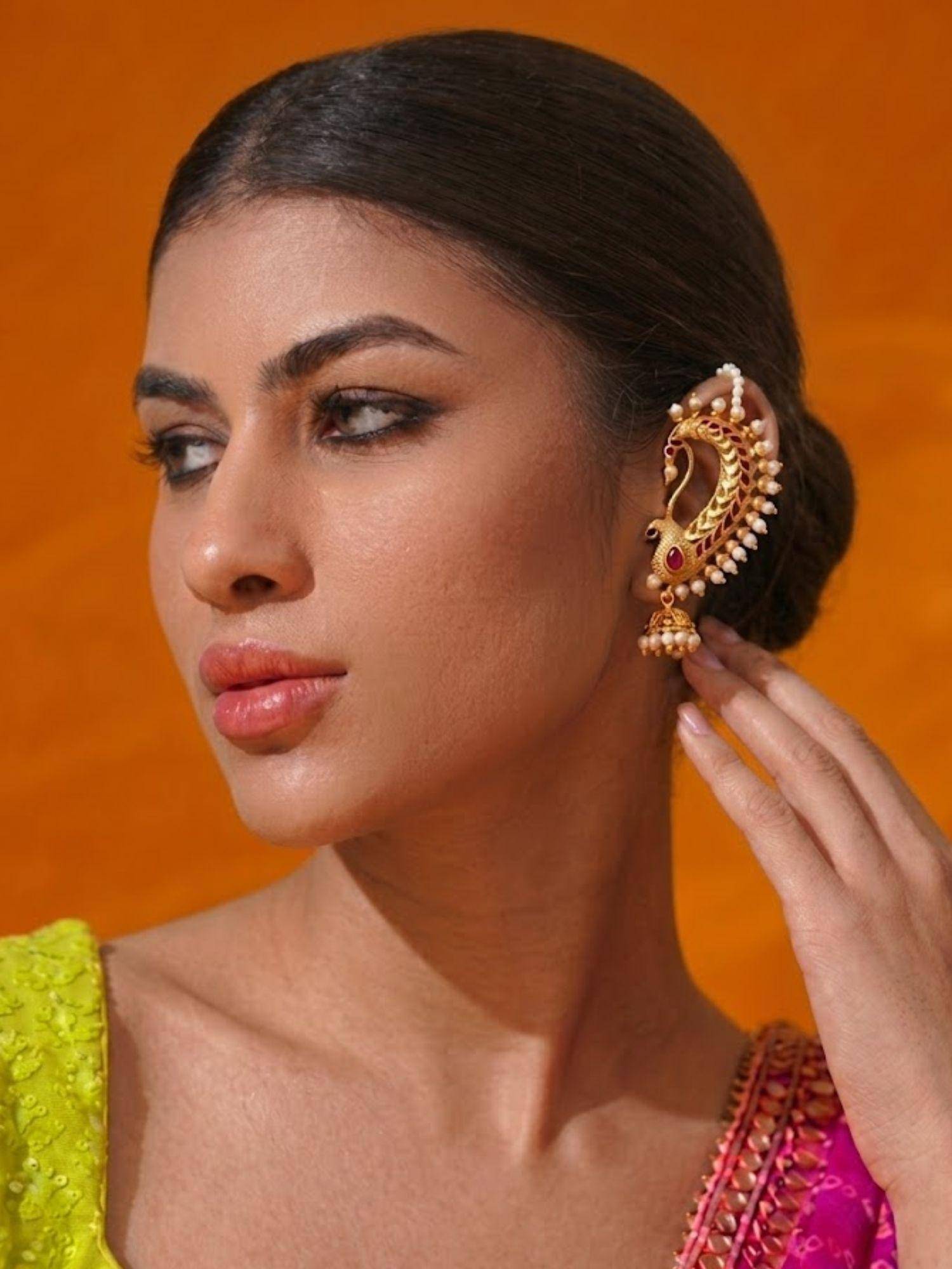 Niscka 24K Gold Plated Pearl and Red Stone Ear Cuff Chain Earrings