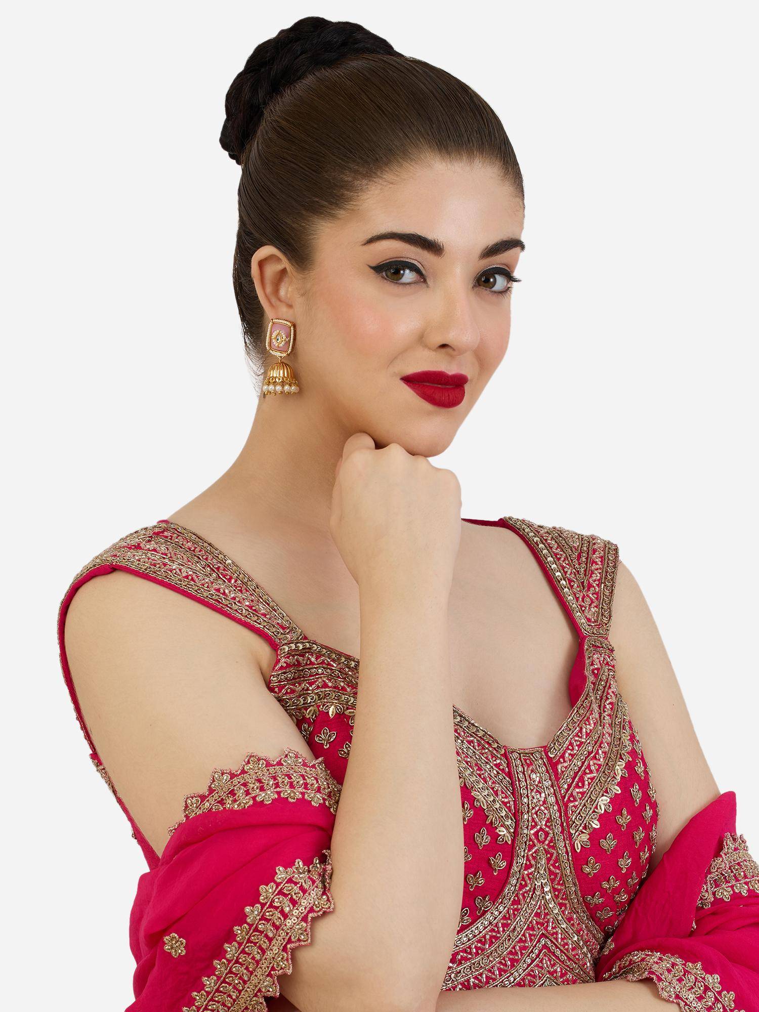 Zaveri Pearls Pink Stones and Beads Embellished Traditional Jhumka Earrings - ZPFK22492
