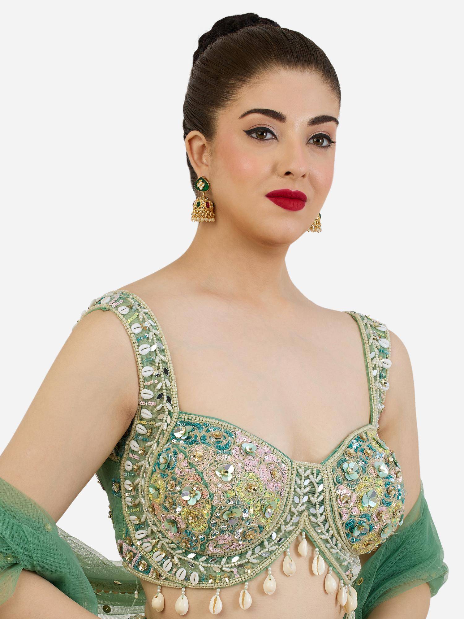 Zaveri Pearls Pink Green Stones and Beads Embellished Ethnic Jhumka Earrings - ZPFK22493