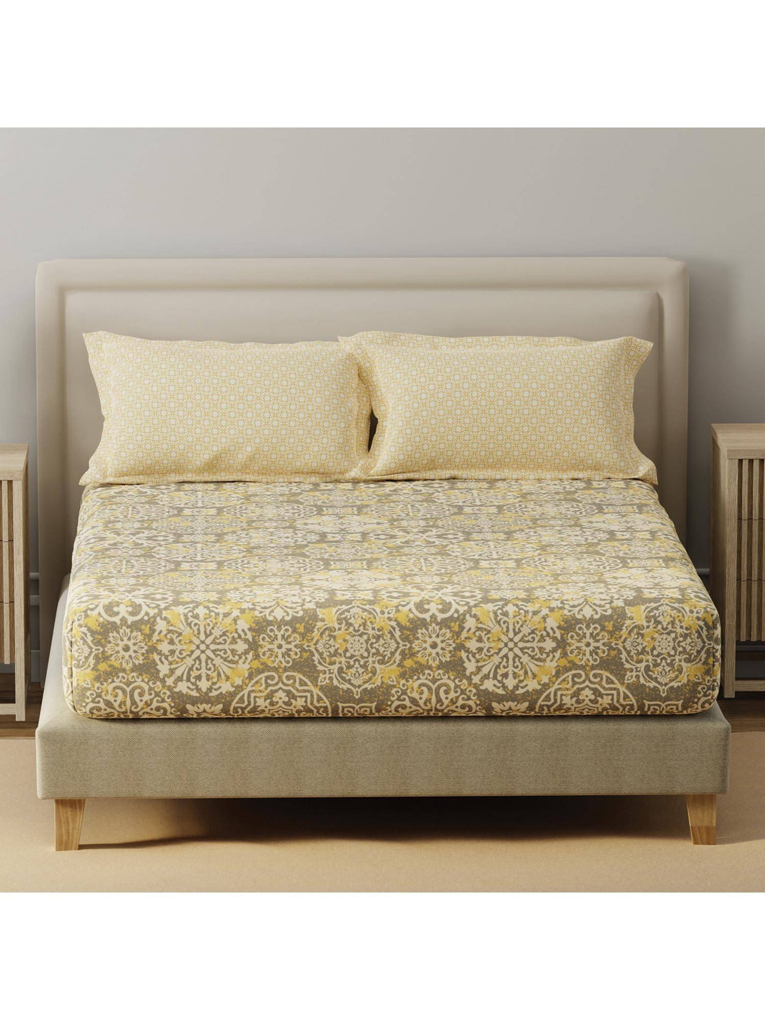 Layers Basicx Cotton 120 TC Yellow & Grey Printed Bedsheet With 2 Pillow Covers (Double)