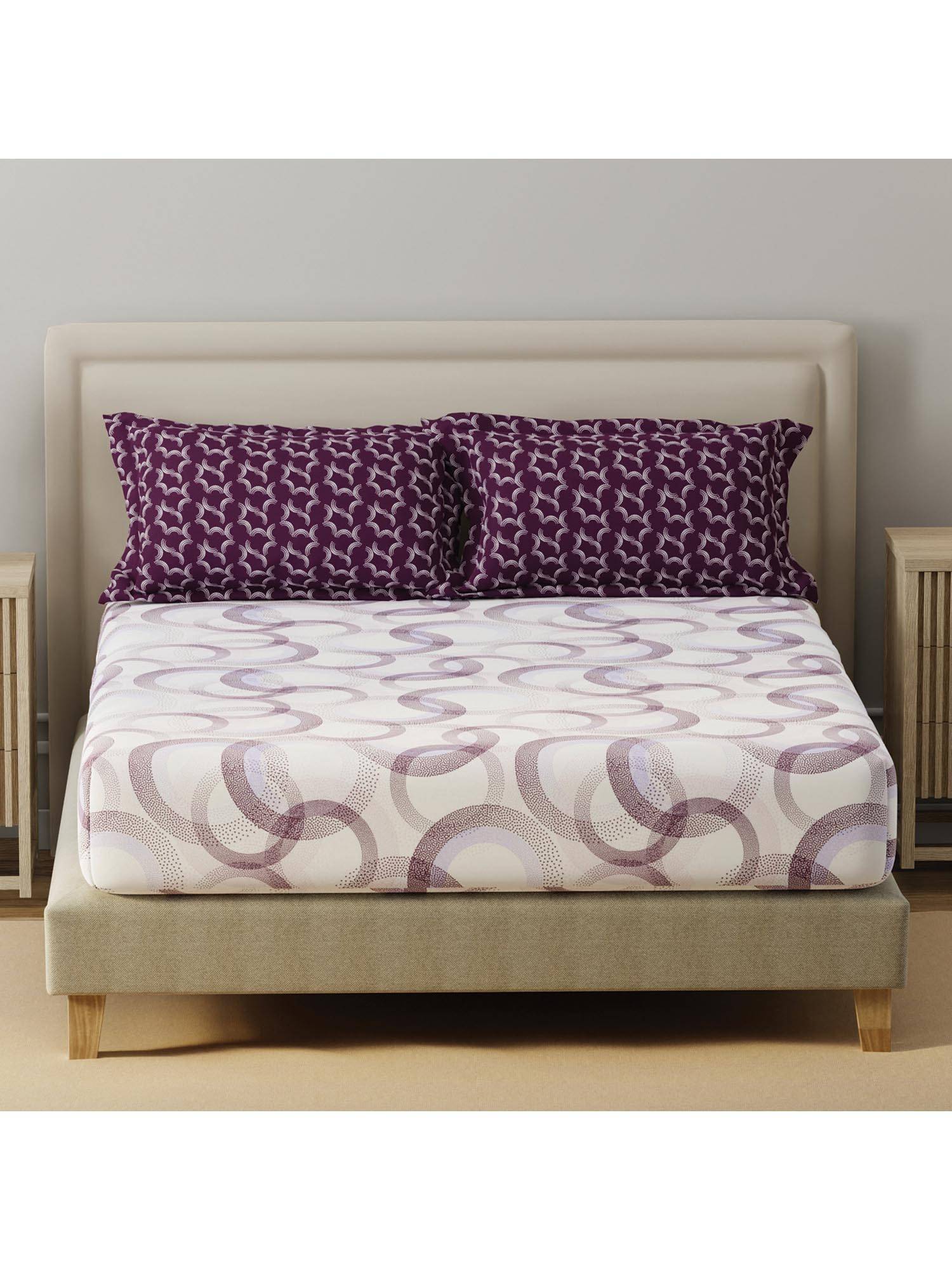 Layers Basicx Cotton 120 TC Purple & White Geometric Bedsheet With 2 Pillow Covers (Double)