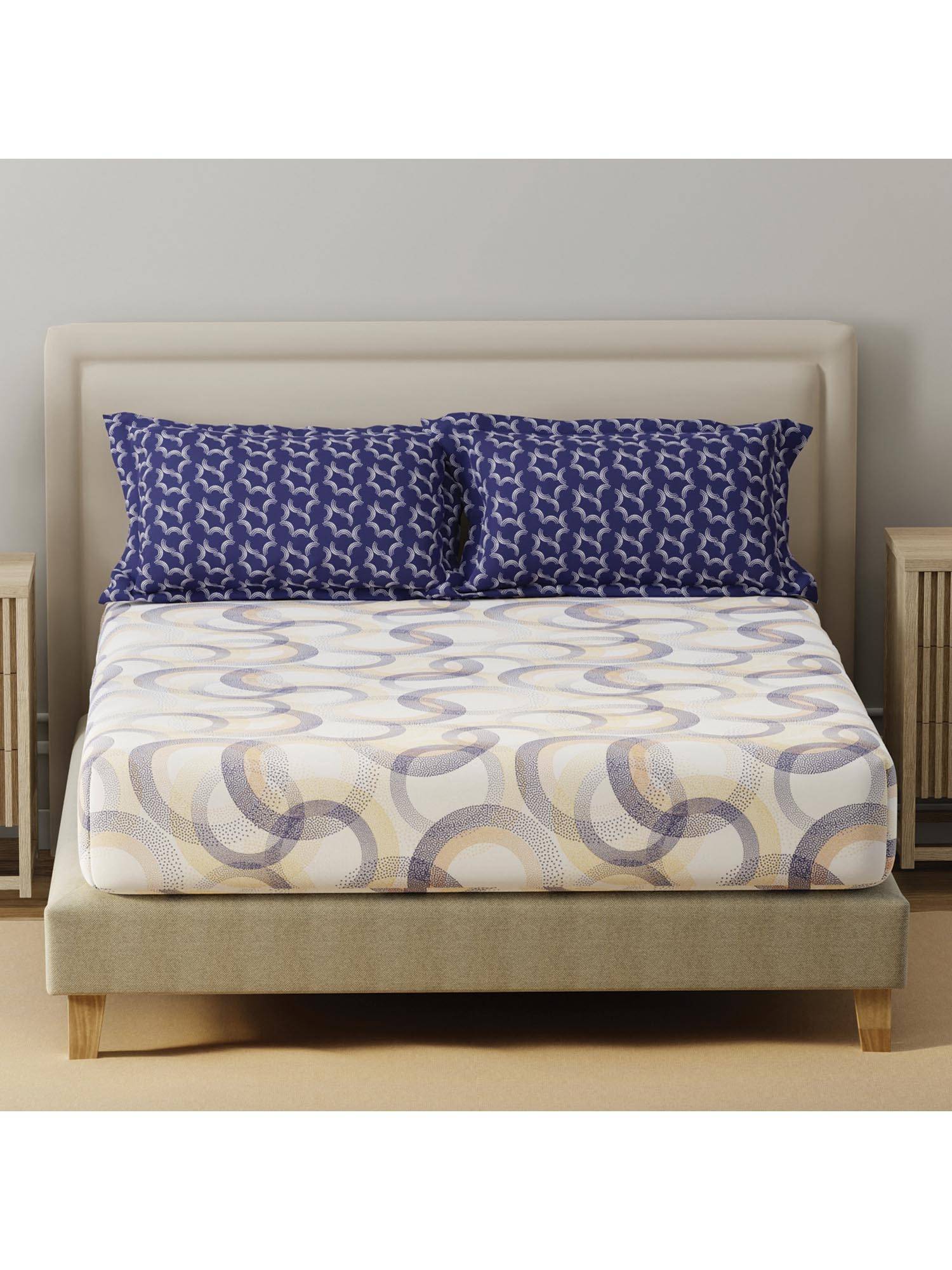 Layers Basicx Cotton 120 TC Blue & White Geometric Bedsheet With 2 Pillow Covers (Double)
