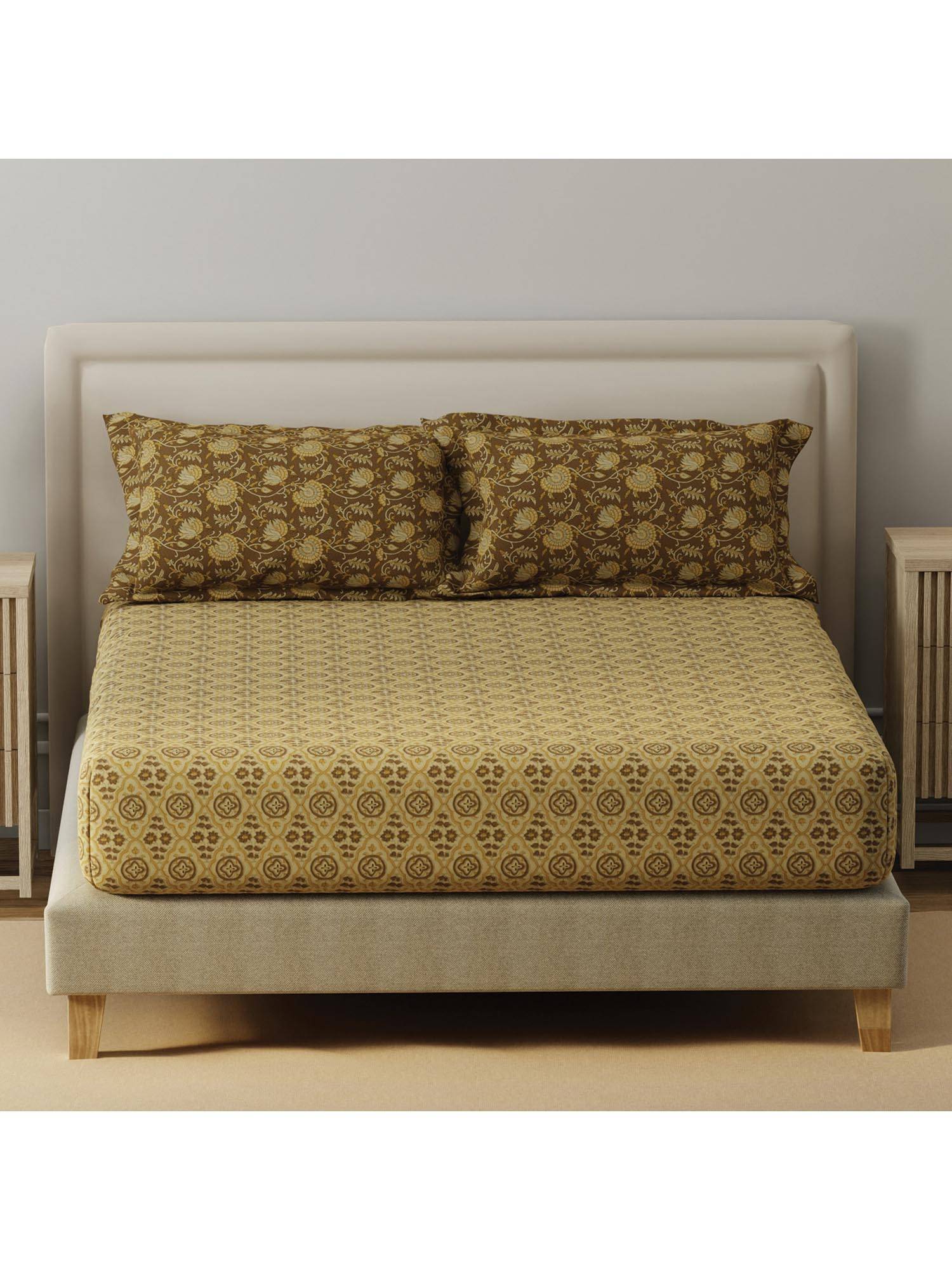 Layers Basicx Cotton 120 TC Brown Printed Bedsheet With 2 Pillow Covers (Double)