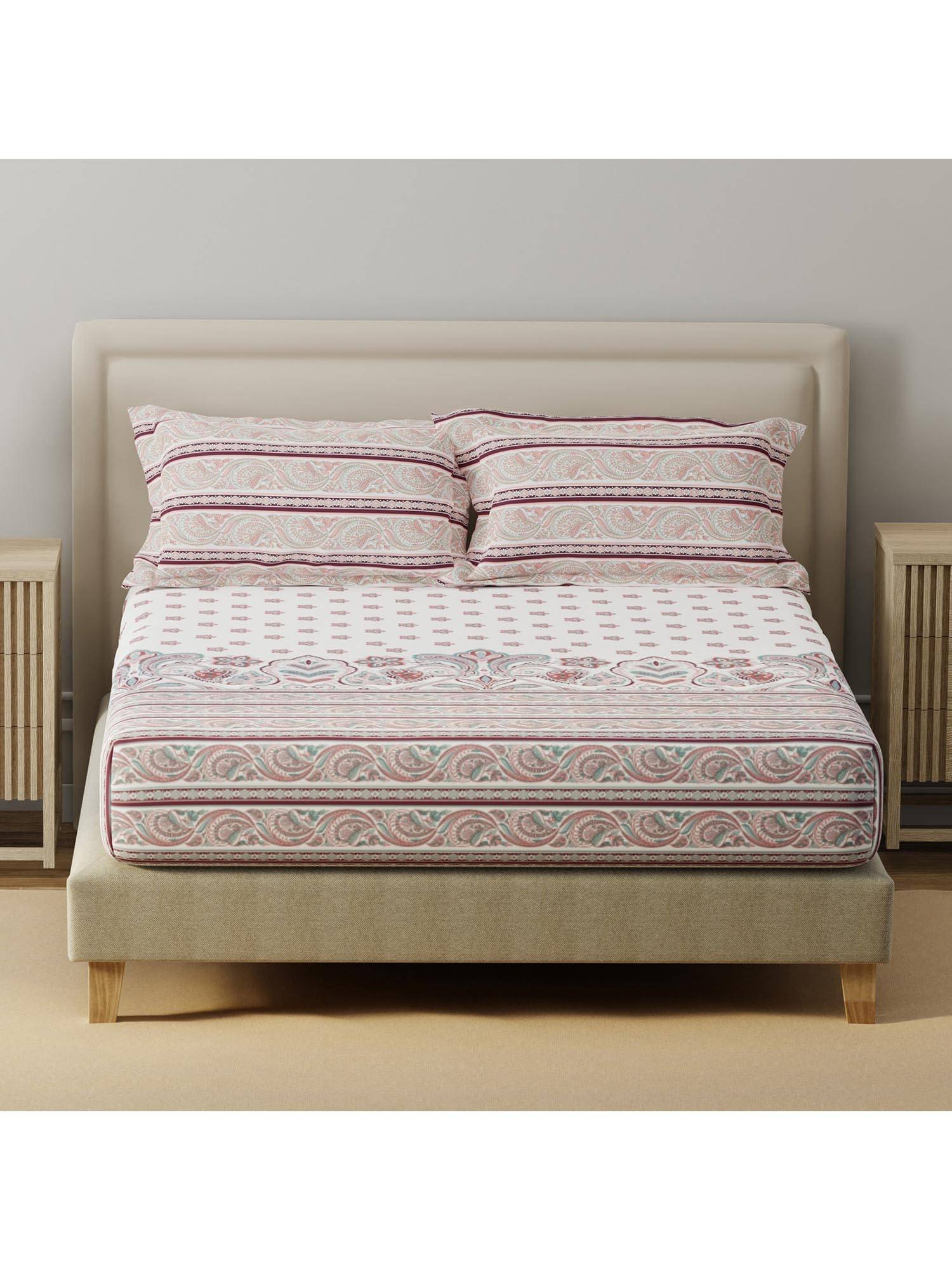 Layers Basicx Cotton 120 TC White & Pink Floral Bedsheet With 2 Pillow Covers (King)