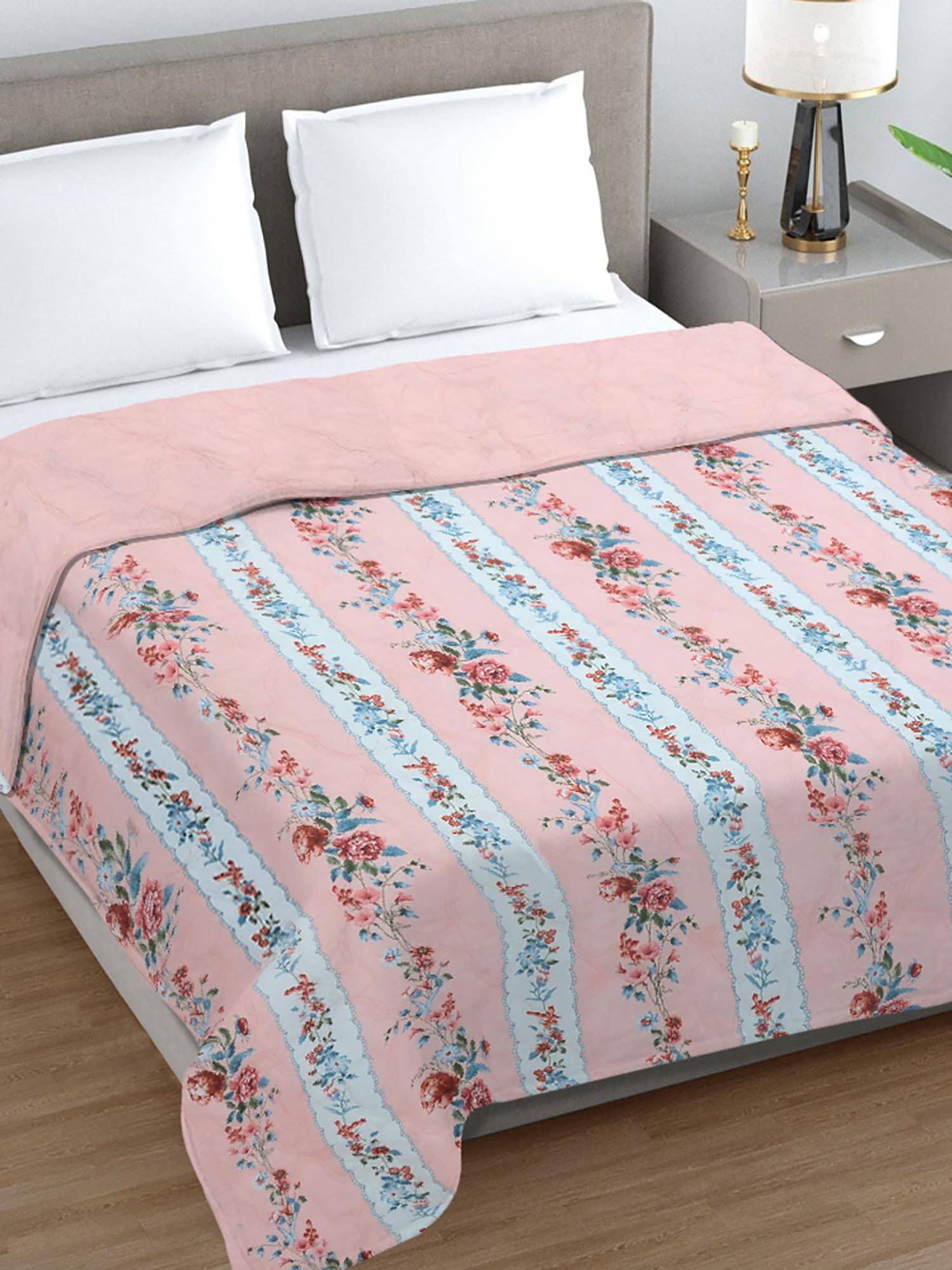 FABINALIV Pink Floral Ultrasonic Quilted Reversible 350 Gsm Ac Room Bed Comforter (Double)