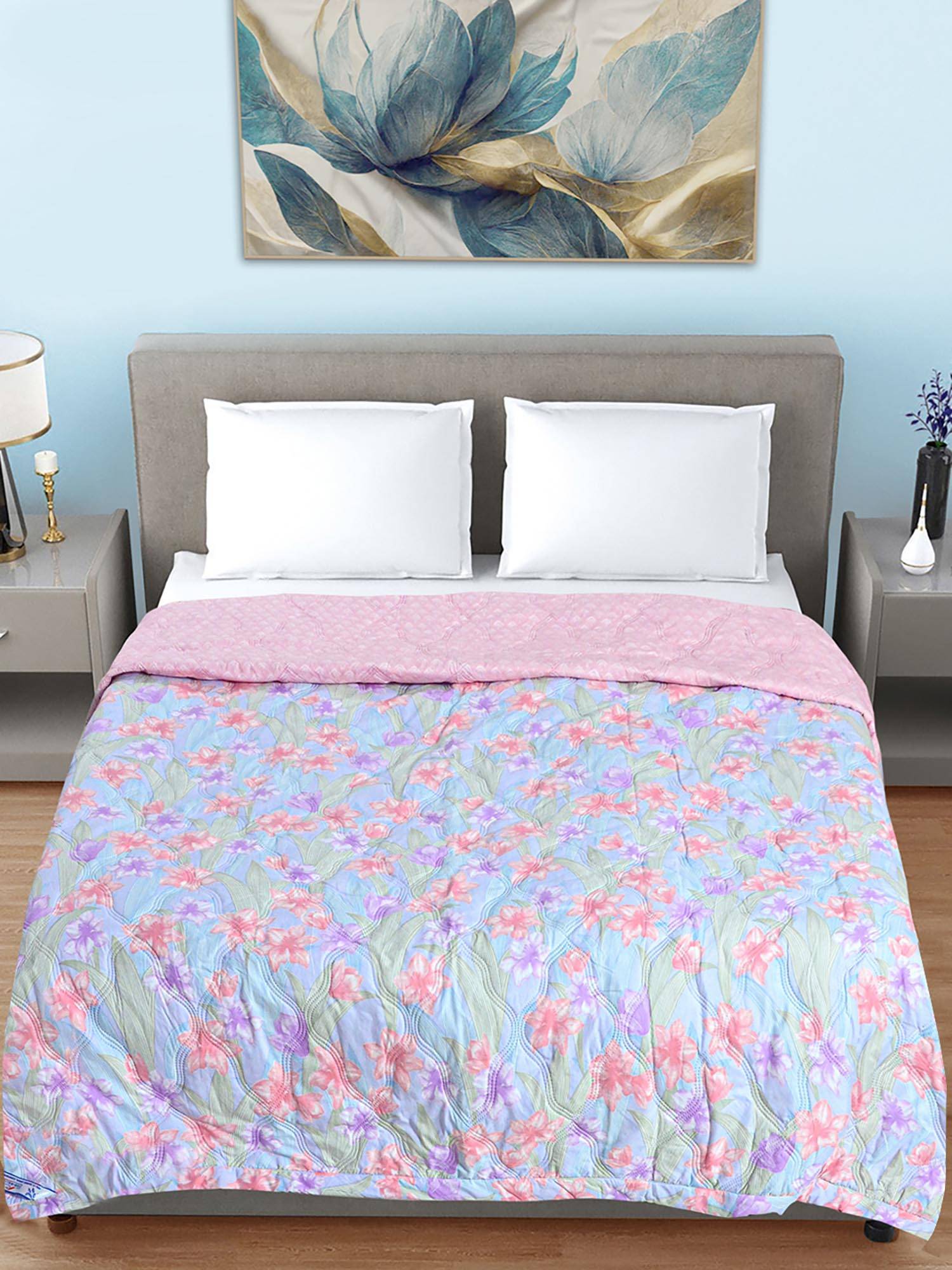 FABINALIV Blue Floral Ultrasonic Quilted Reversible 350 Gsm Ac Room Bed Comforter (Double)
