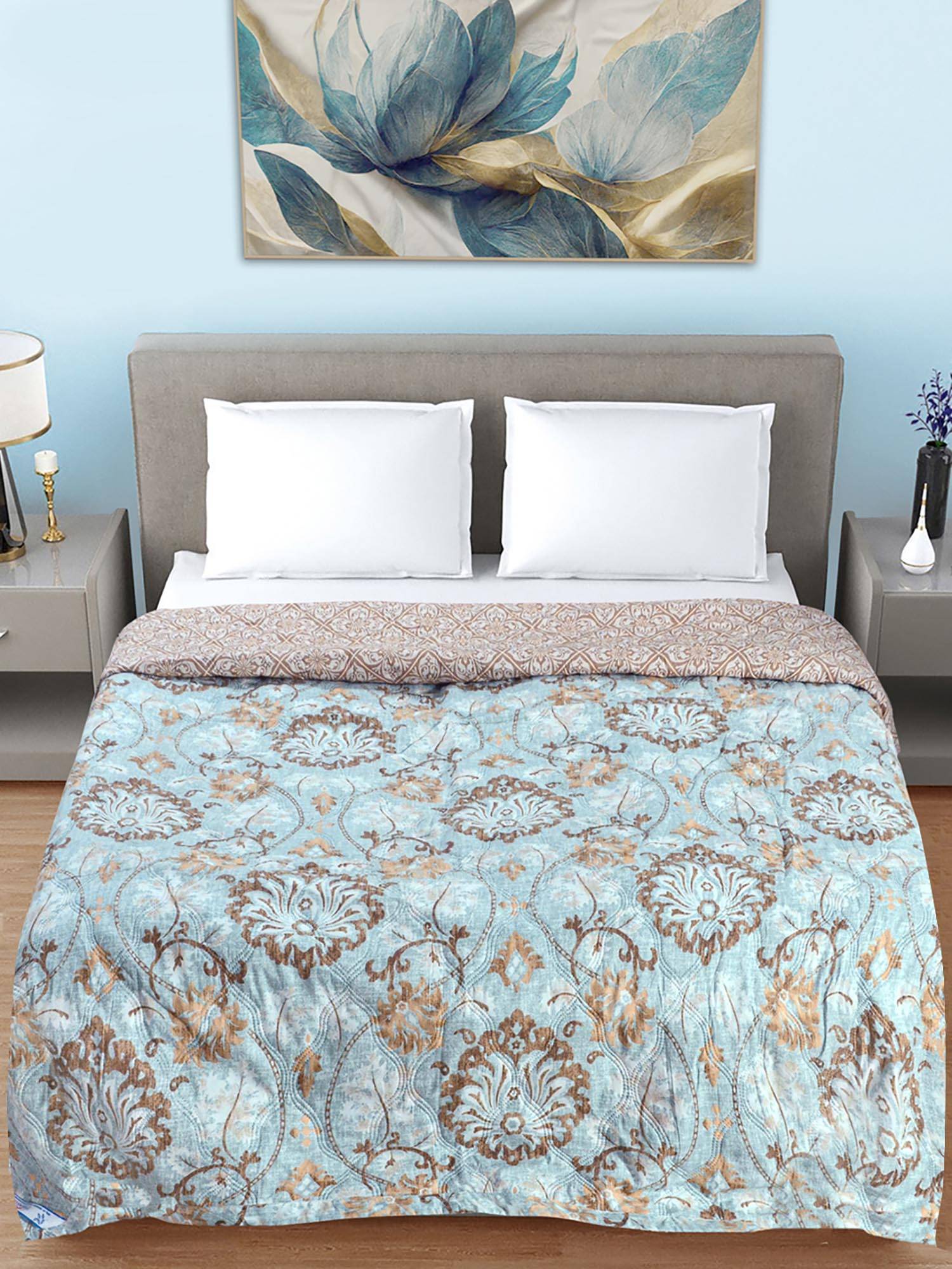 FABINALIV Blue Floral Ultrasonic Quilted Reversible 350 Gsm Ac Room Bed Comforter (Double)