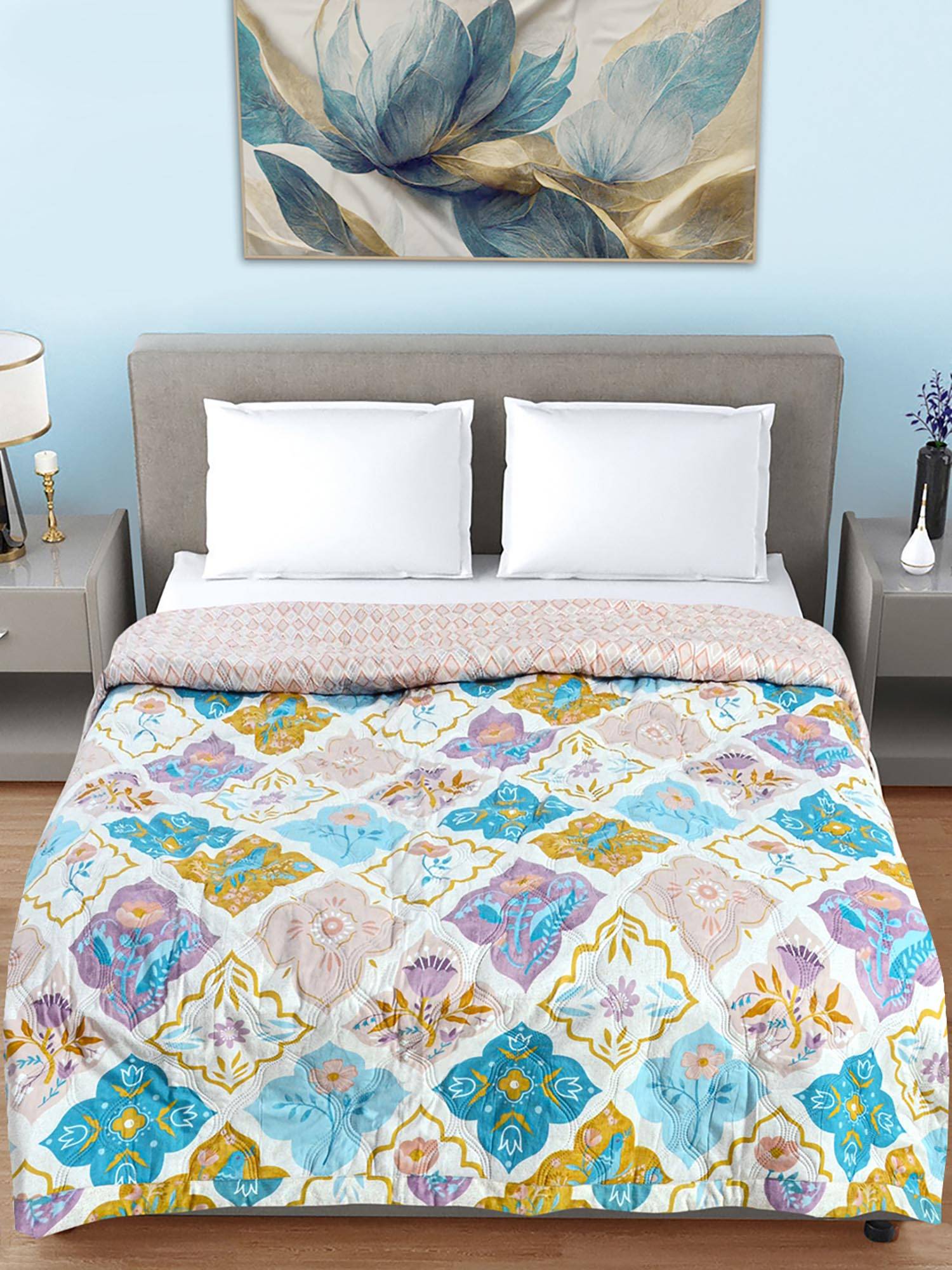 FABINALIV White Ethnic Ultrasonic Quilted Reversible 350 Gsm Ac Room Bed Comforter (Double)