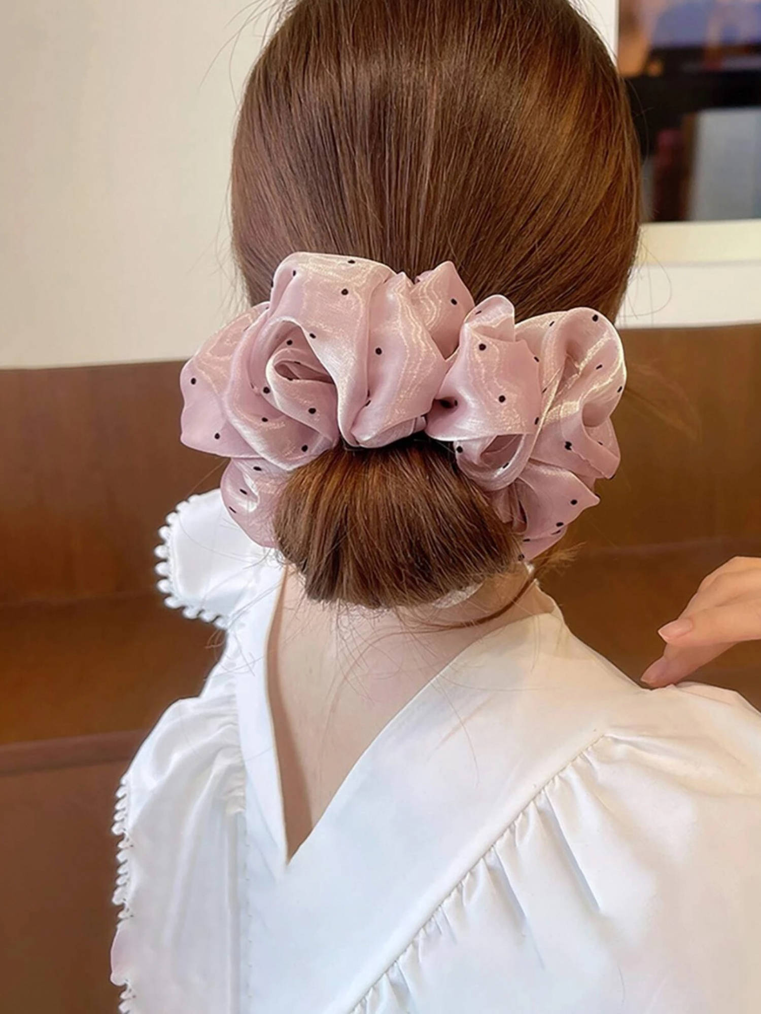 OOMPH Pink Shimmer Organza Polka Dots Scrunchy