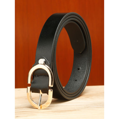 Teakwood Women Black Leather Belt with Oval Gold Buckle (28)