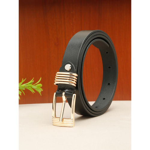 Teakwood Women'S Black Leather Belt with Square Gold Buckle (28)