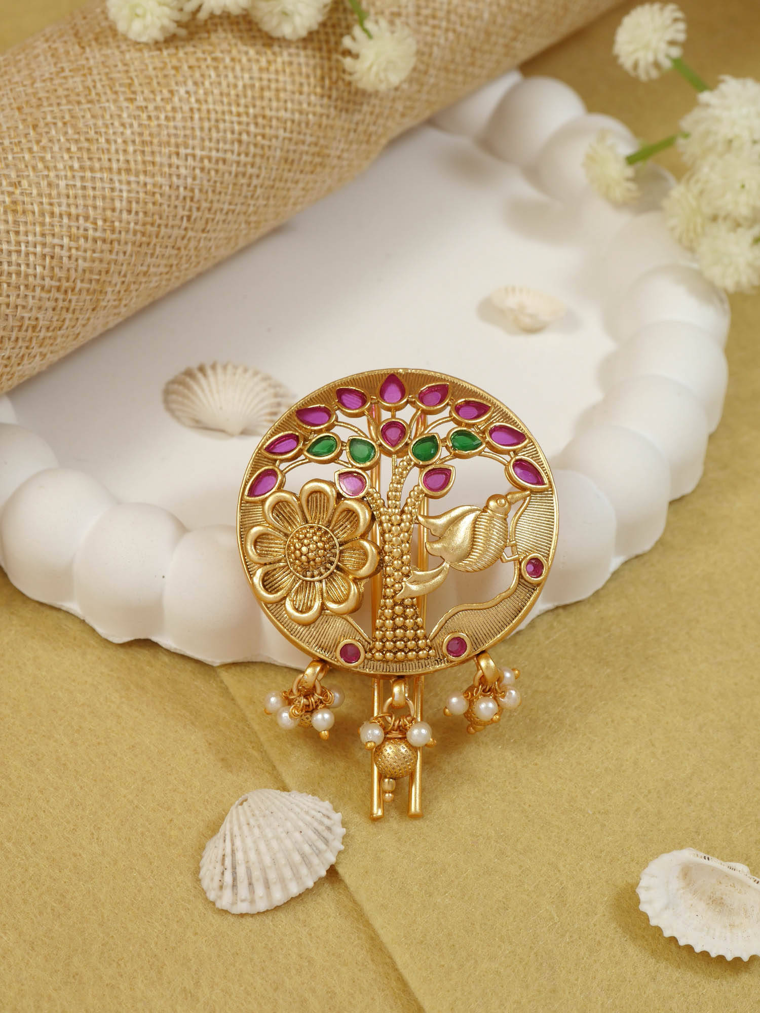 I Jewels Unique Gold Toned Hair Pin with Kundan Stones and Hanging Beads